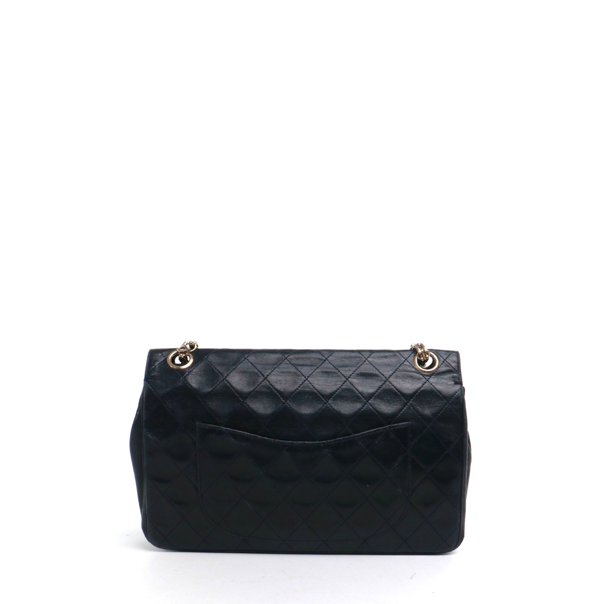 CHANEL - Sac à main Timeless 25 double flap en cuir matelassé noir vintage