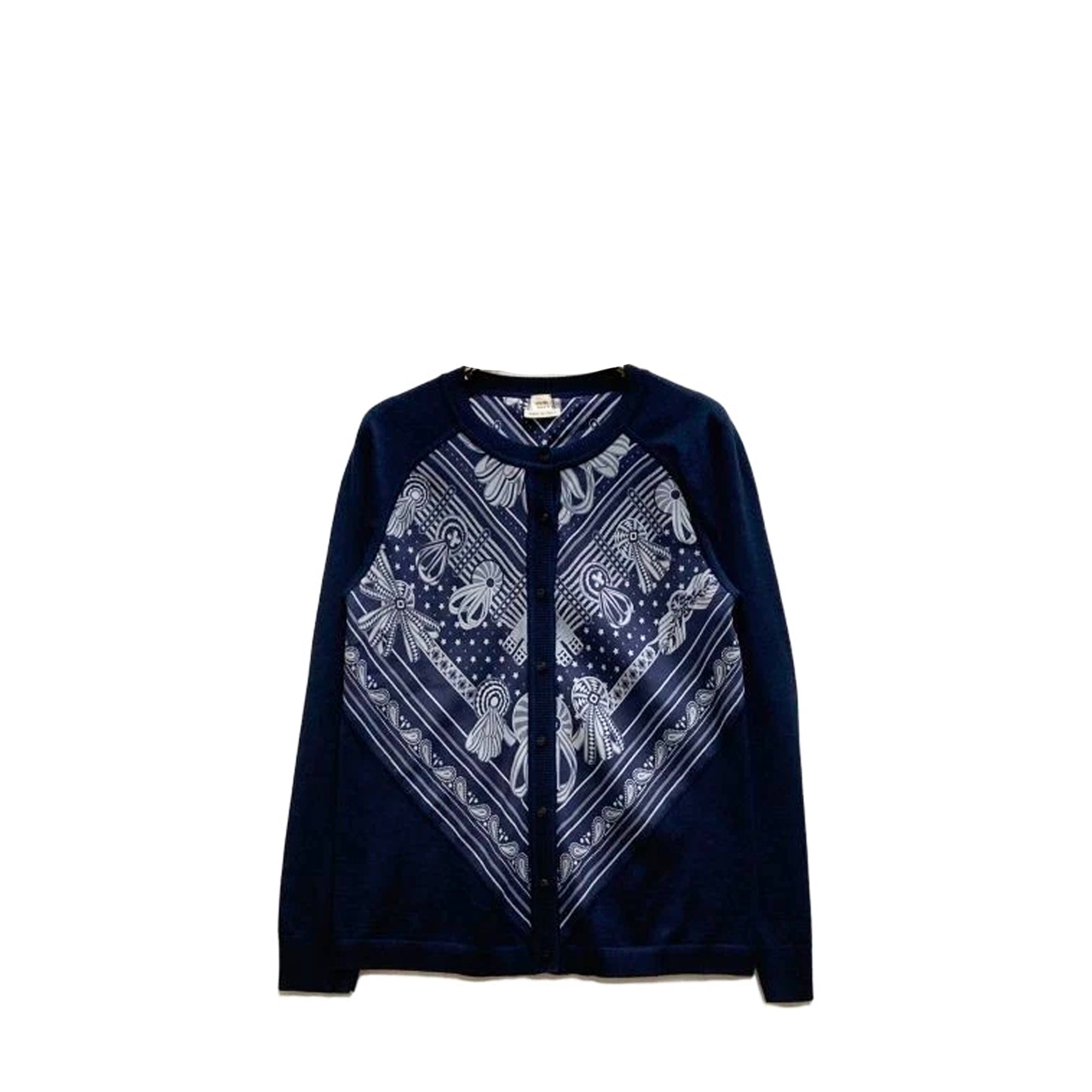 HERMÈS - Cardigan Les Rubans du Cheval Hermès en soie et cachemire bleu marine (T34)