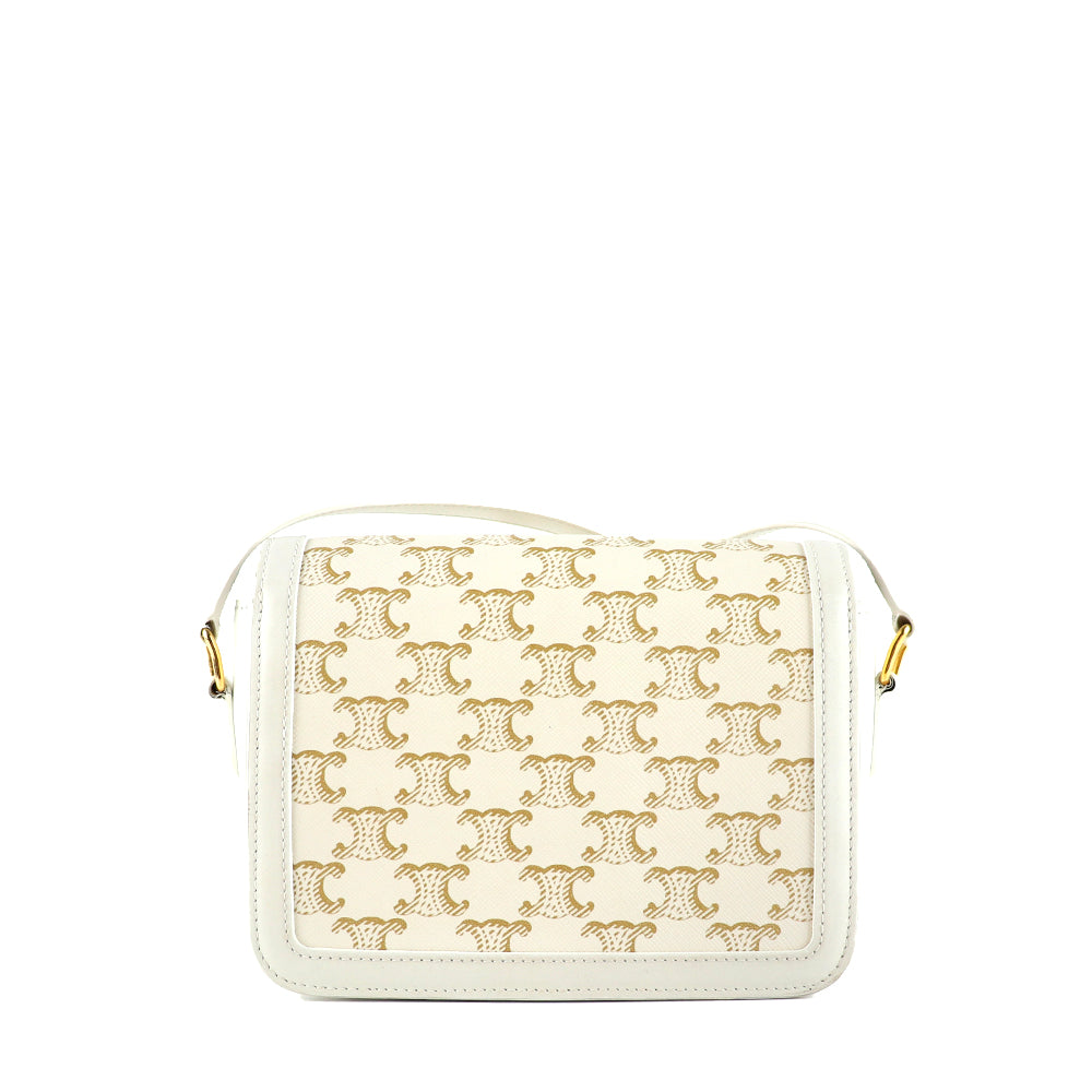 CELINE - Triomphe teen shoulder bag in white leather and monogram coated canvas