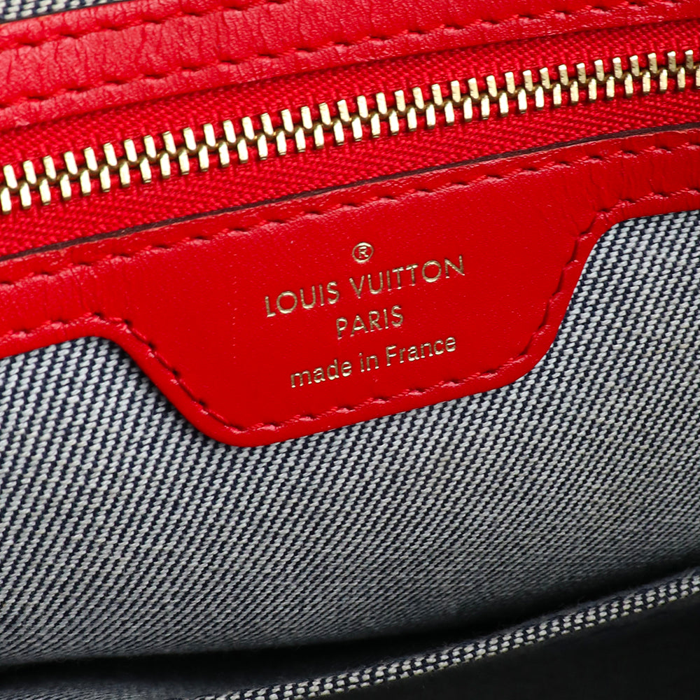 LOUIS VUITTON - Sac cabas OnTheGo GM en denim bleu et cuir rouge