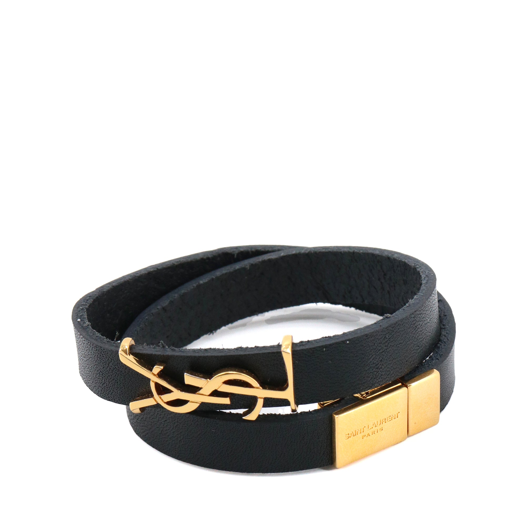 SAINT LAURENT - Bracelet Cassandre double tour Saint Laurent en cuir lisse noir (S)