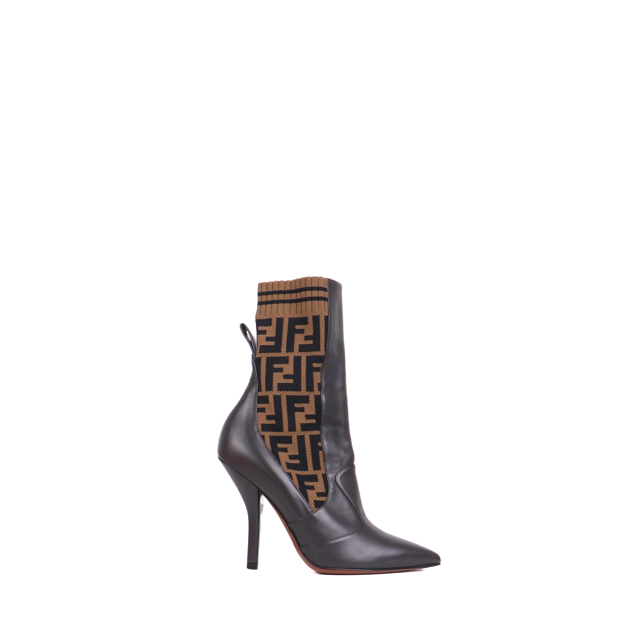 FENDI - Bottines à talon FF Fendi en cuir et tissu monogrammé