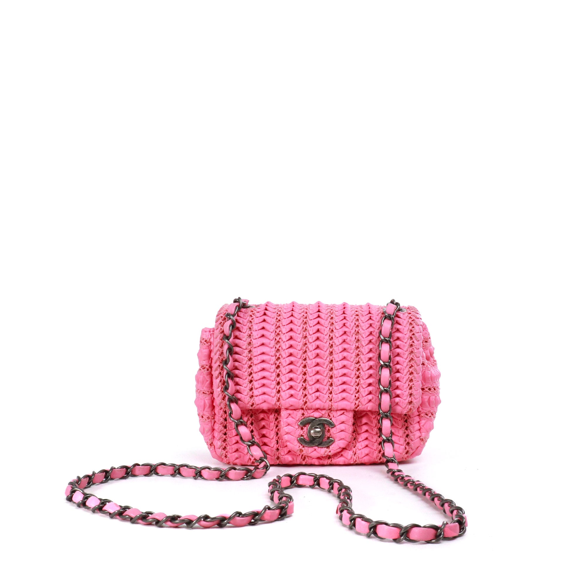CHANEL - Sac à bandoulière Timeless Mini Square Chanel en crochet cuir rose