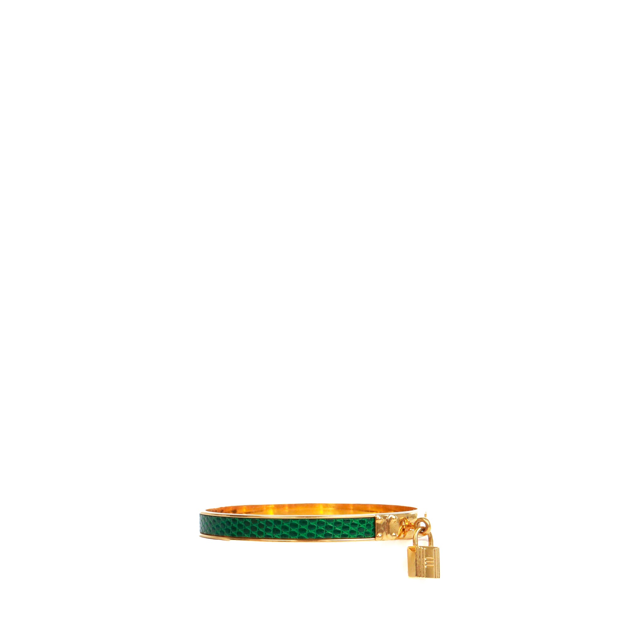 HERMÈS - Bracelet Kelly Cadenas Hermès en métal doré et cuir exotique vert