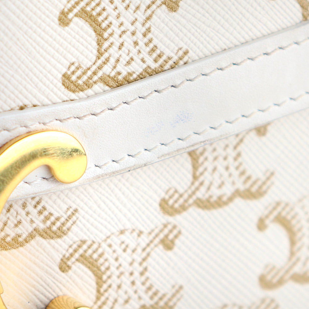 CELINE - Triomphe teen shoulder bag in white leather and monogram coated canvas