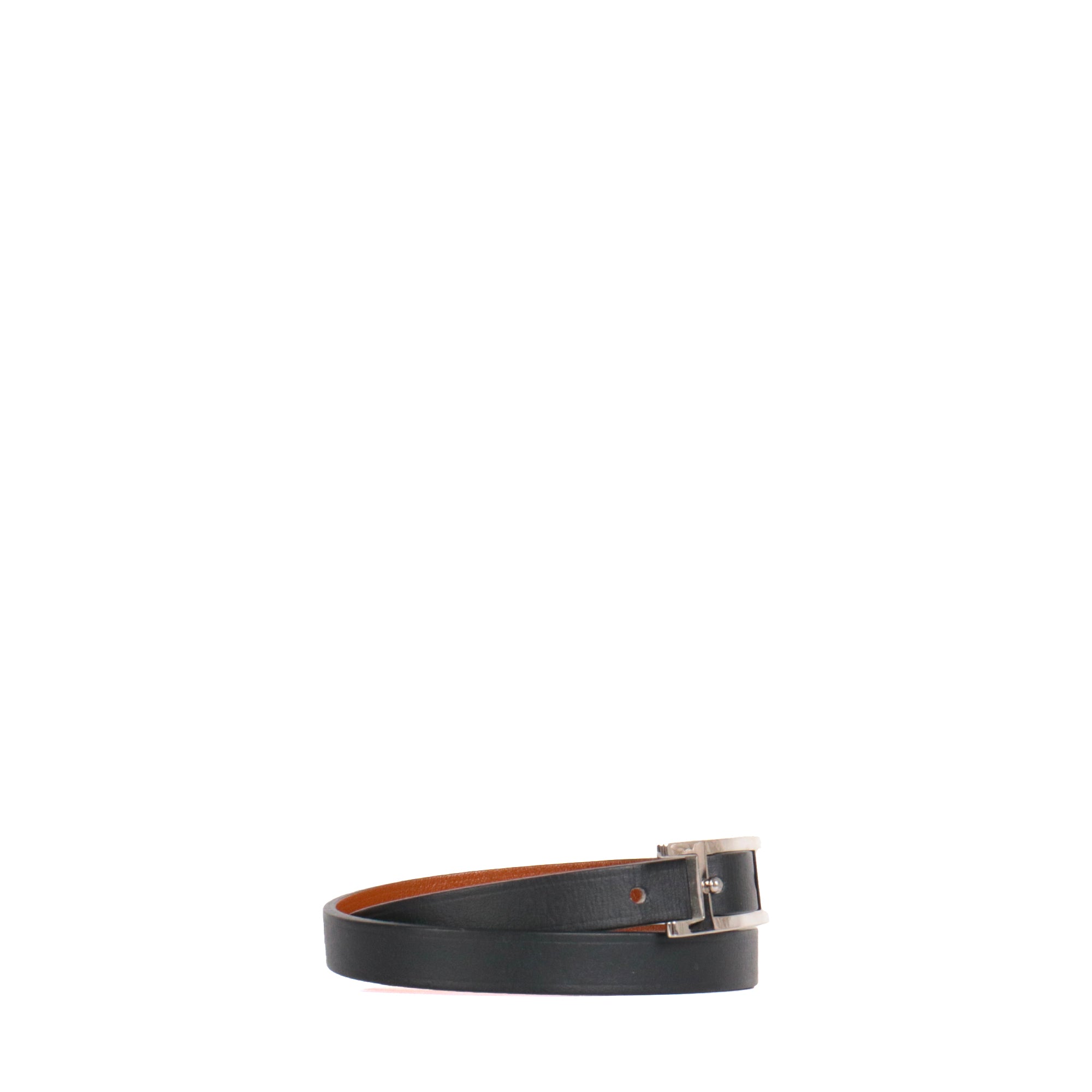 HERMÈS - Bracelet Behapi Double Tour réversible Hermès en cuir noir et fauve (T3)