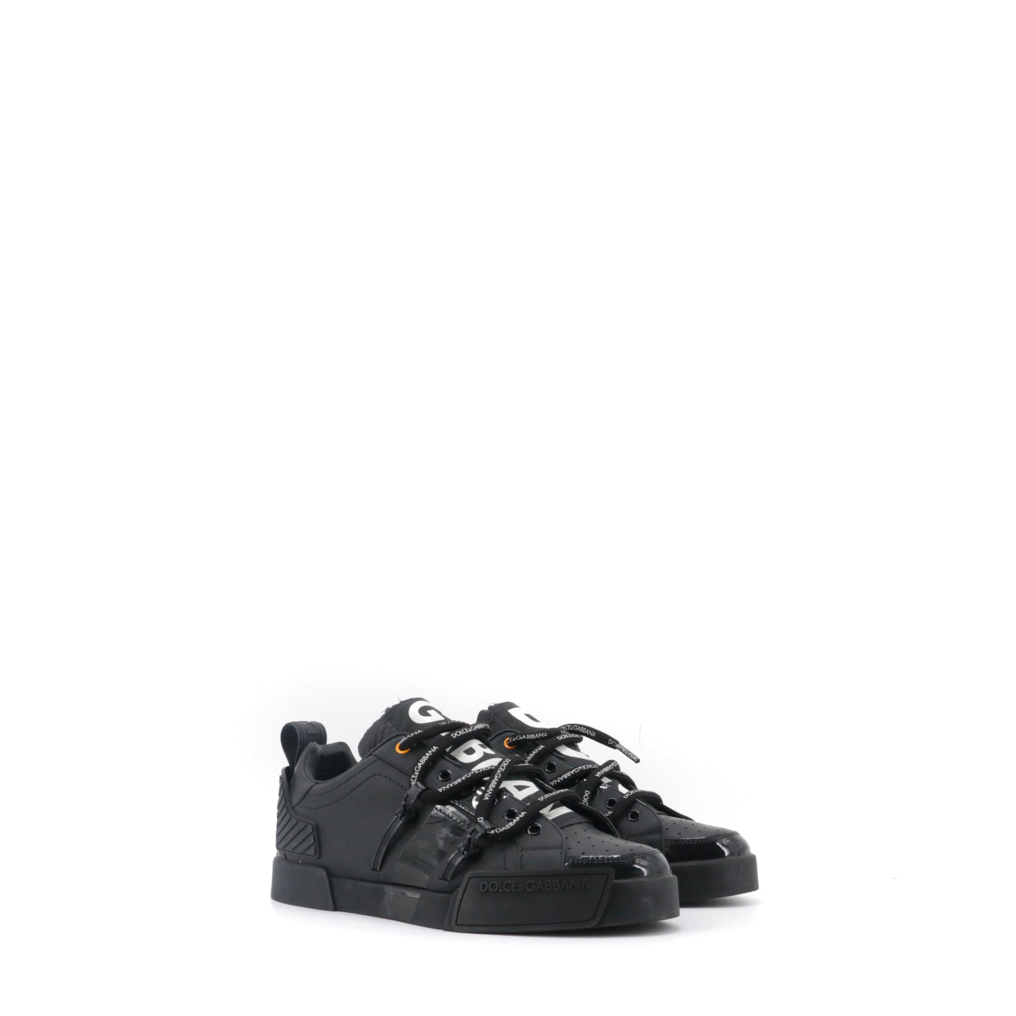 DOLCE & GABBANA - Sneakers Portofino Dolce & Gabbana en cuir de veau et verni noir (T38)
