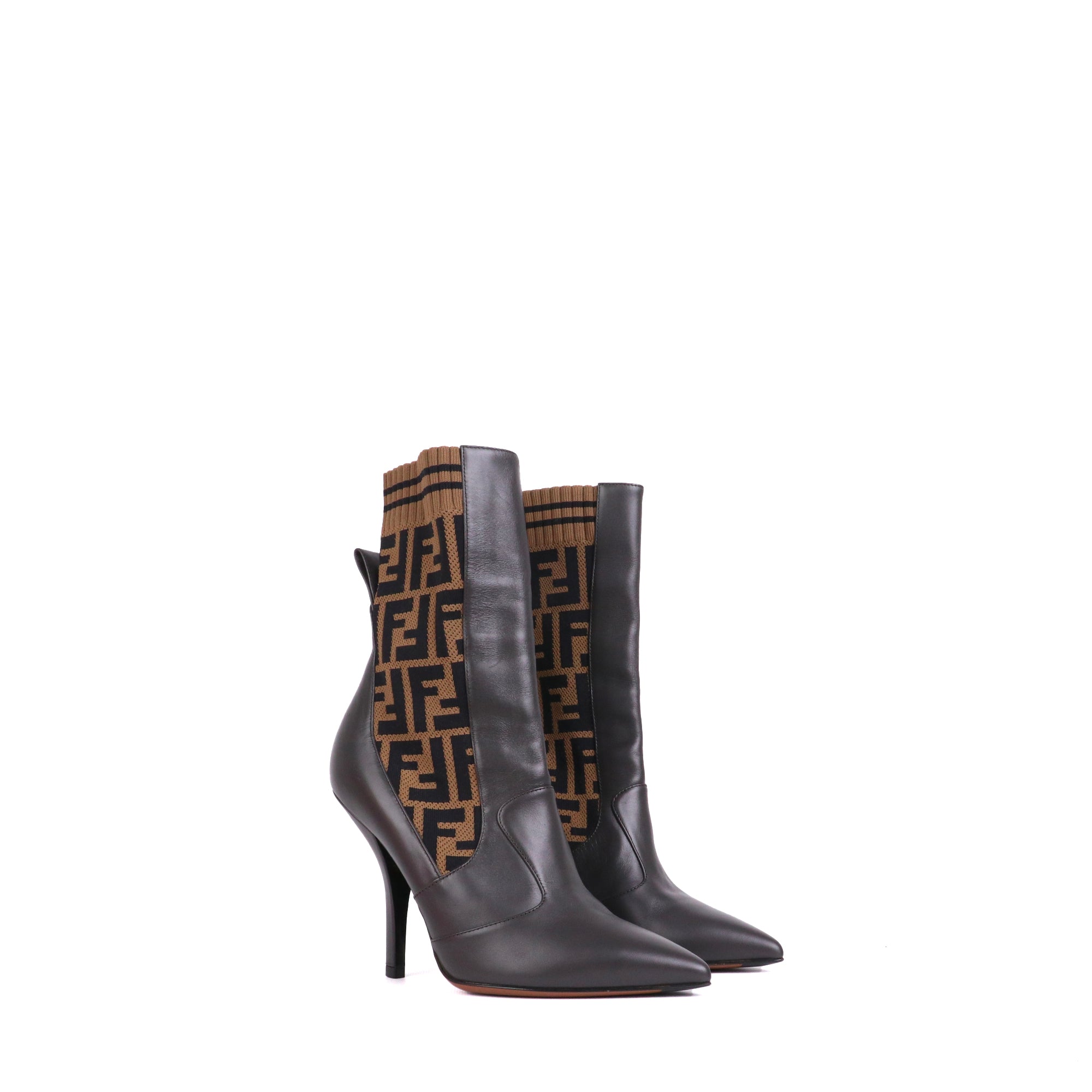 FENDI - Bottines à talon FF Fendi en cuir et tissu monogrammé