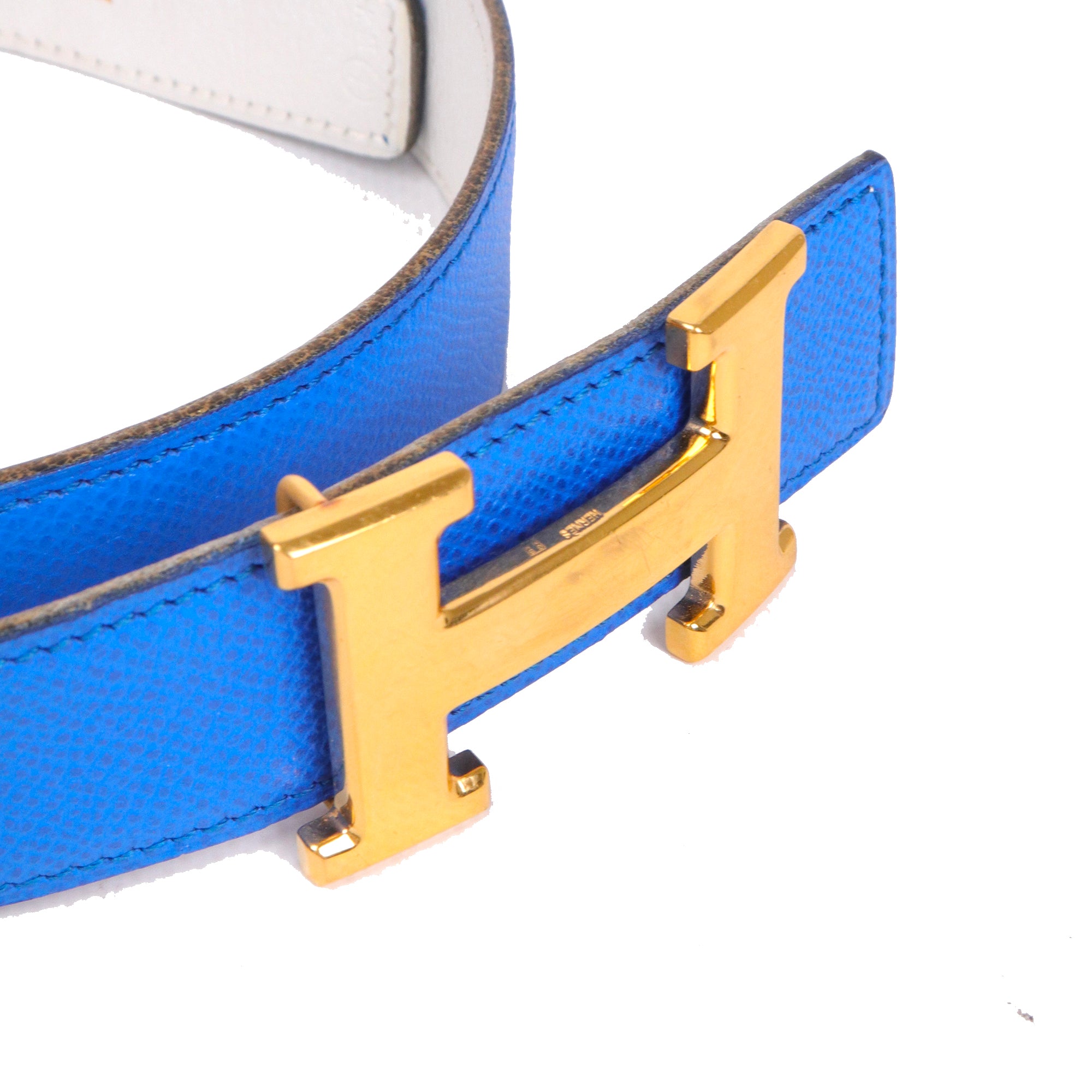 HERMÈS - Ceinture H réversible Hermès en cuir bleu et ivoire (T75)