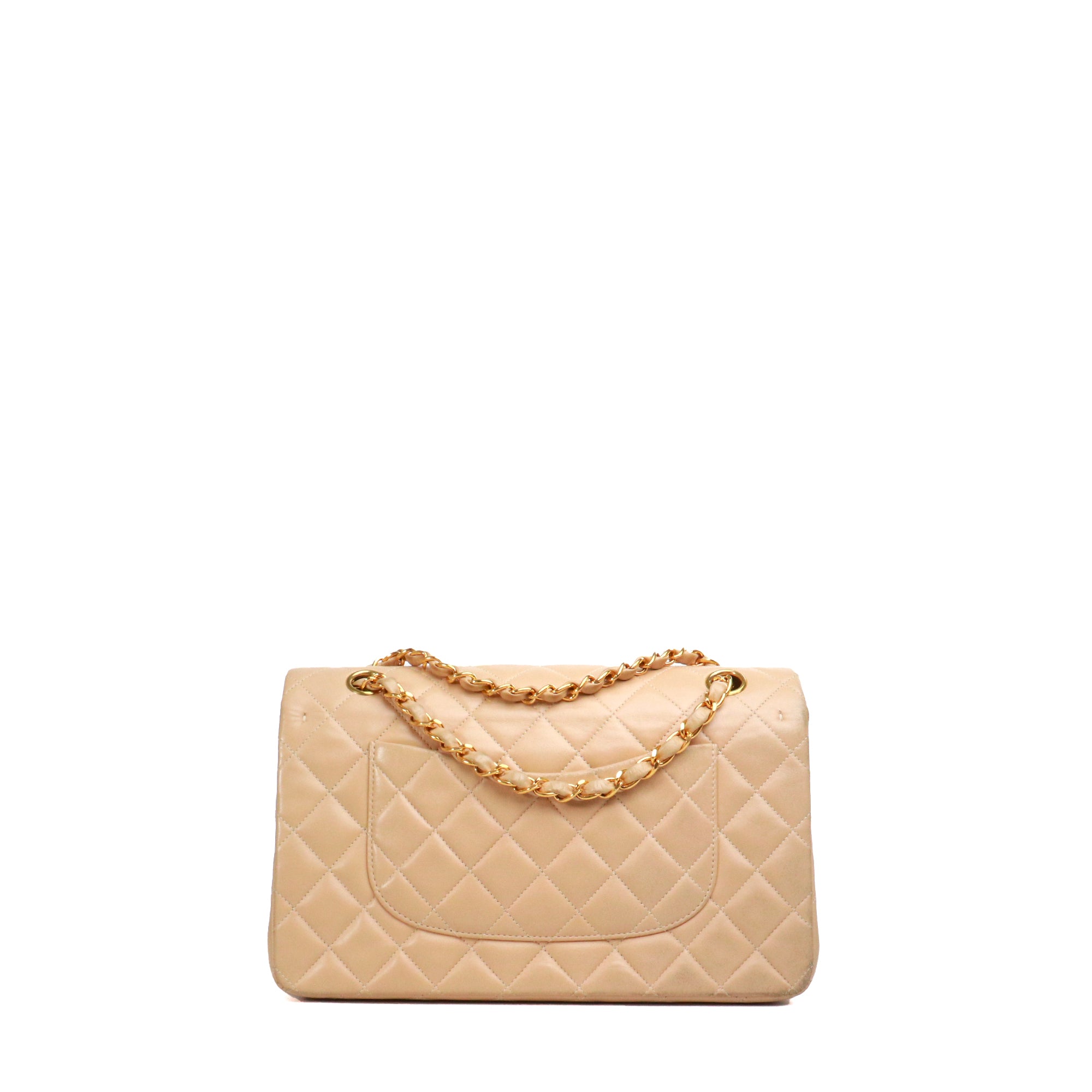 CHANEL - Sac à main Timeless 25 double flap Chanel en cuir matelassé beige vintage