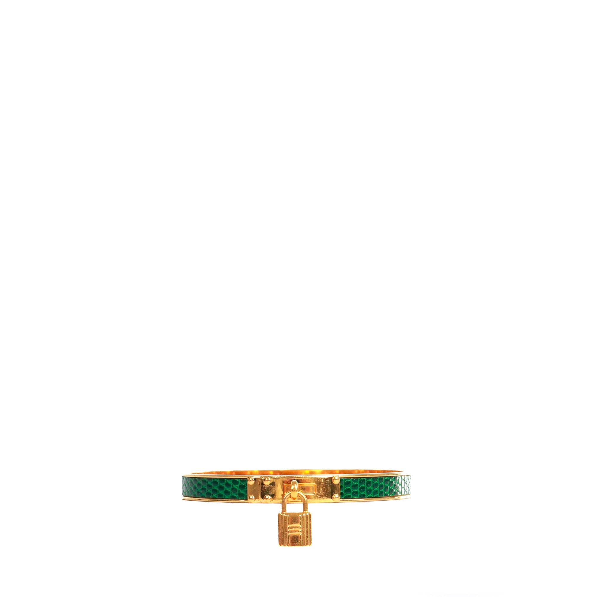 HERMÈS - Bracelet Kelly Cadenas Hermès en métal doré et cuir exotique vert