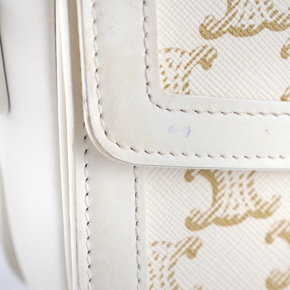 CELINE - Triomphe teen shoulder bag in white leather and monogram coated canvas