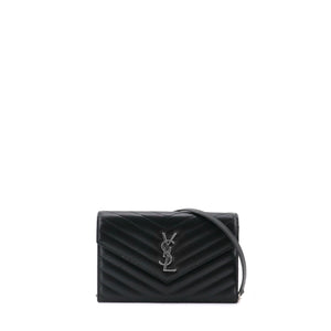 SAINT LAURENT - Sac à bandoulière Wallet on chain Cassandre Saint Laurent cuir grainé chevron noir