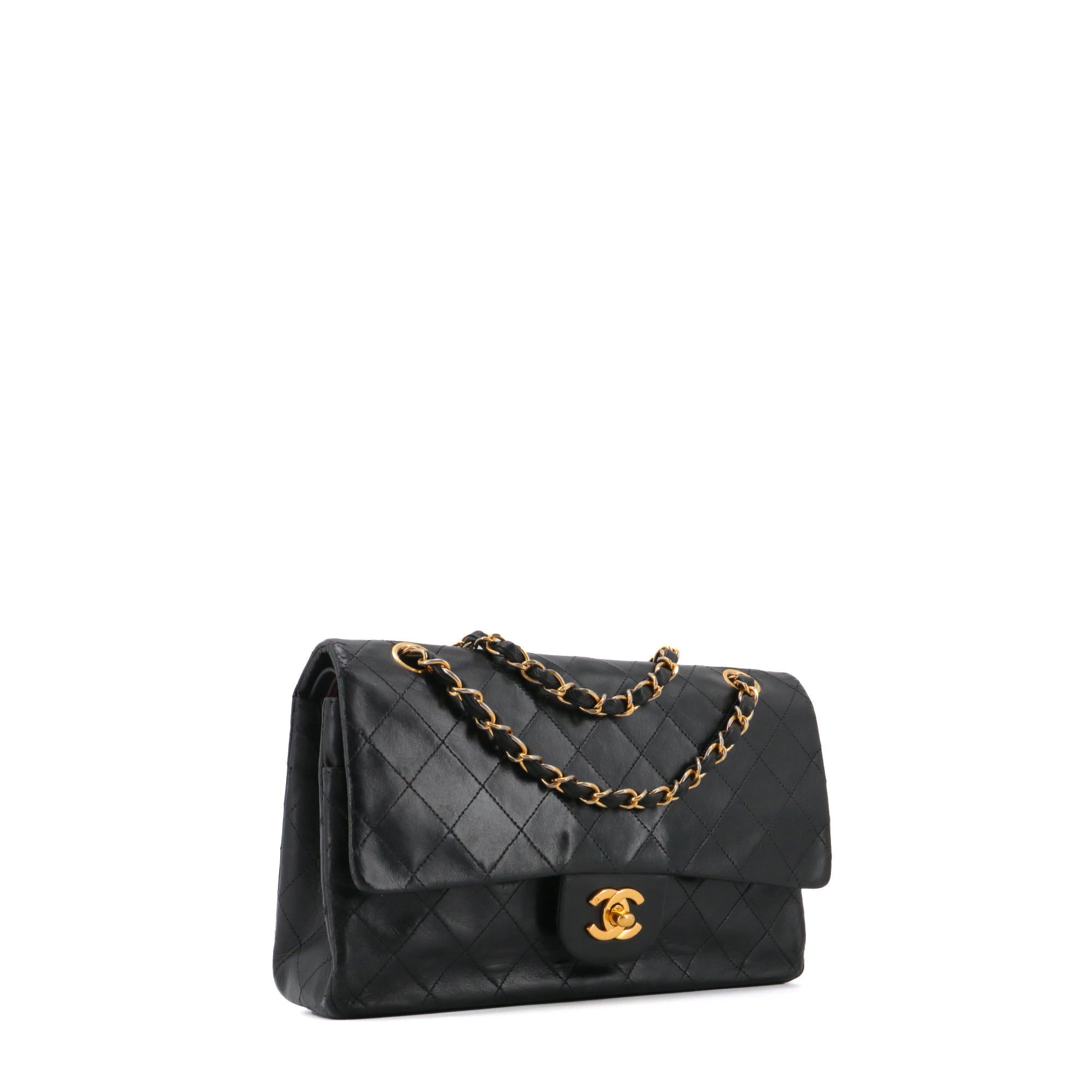 CHANEL - Sac à main Timeless/Classique medium Chanel double flap en cuir matelassé noir vintage