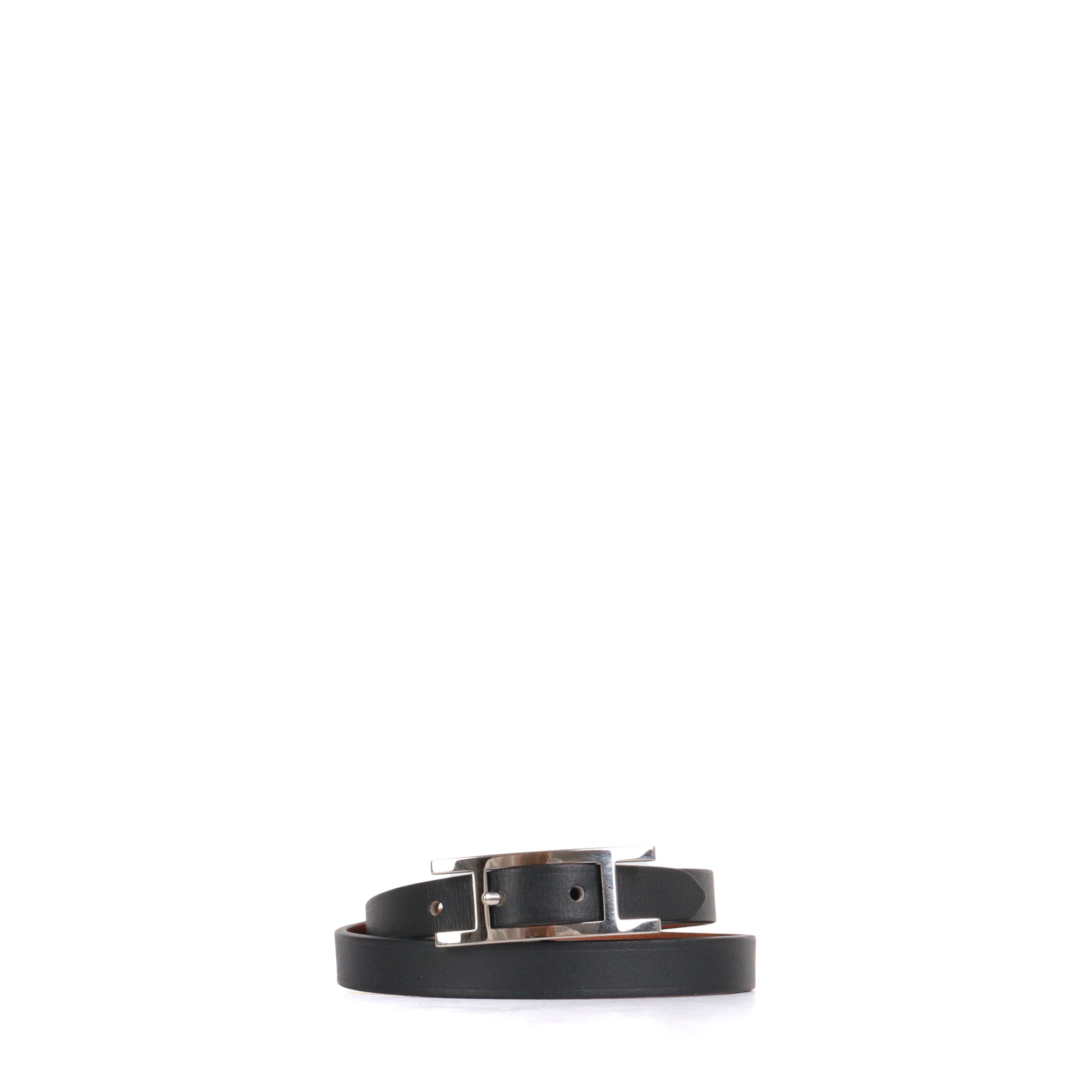 HERMÈS - Bracelet Behapi Double Tour réversible Hermès en cuir noir et fauve (T3)