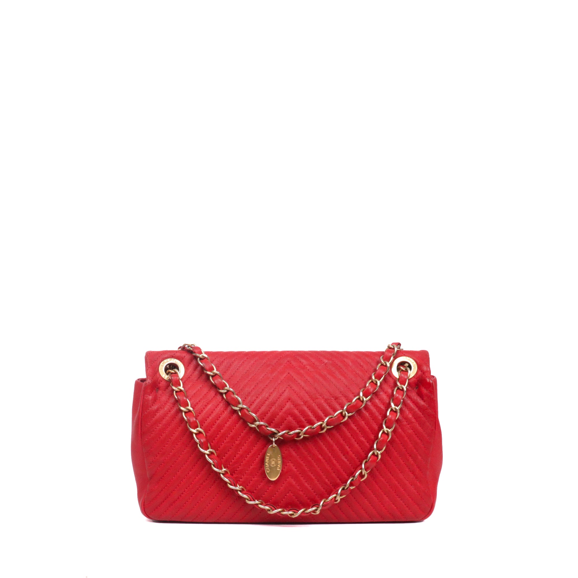 CHANEL - Sac à main Classique/Timeless Médaillon Chanel en cuir chevron rouge
