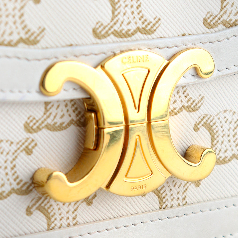 CELINE - Triomphe teen shoulder bag in white leather and monogram coated canvas