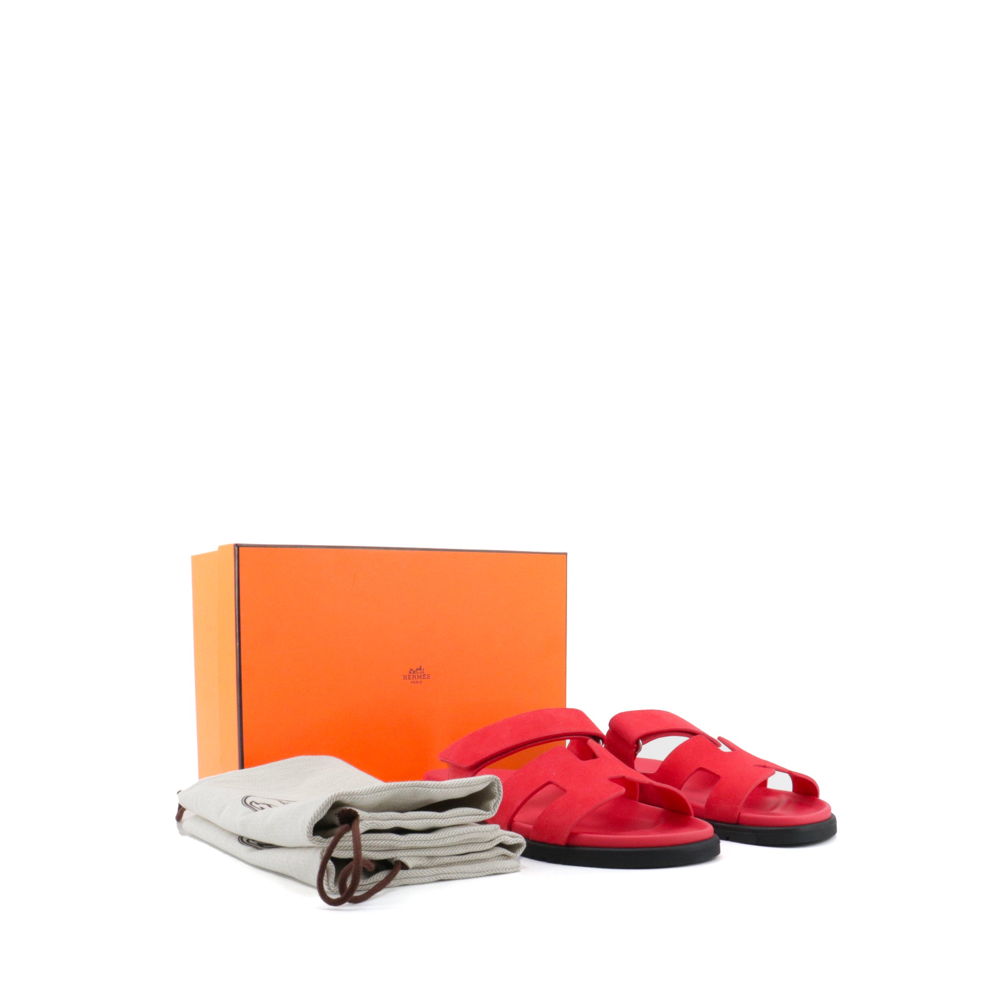 HERMÈS - Sandales Chypre Hermès en velours rose vermillon (T41.5)