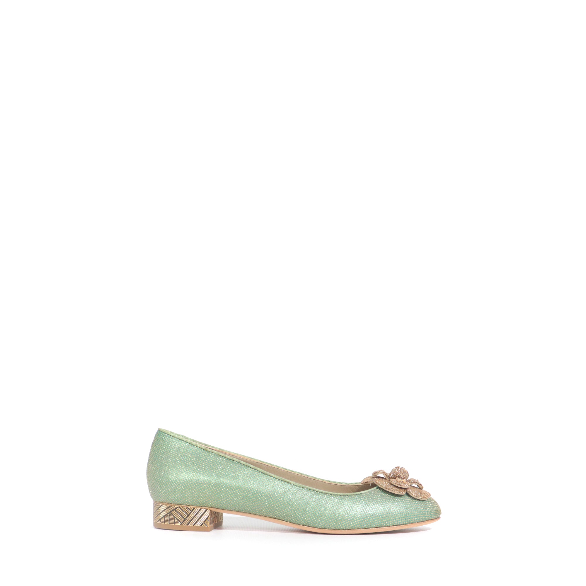 CHANEL - Ballerines en toile verte et dorée (T39)