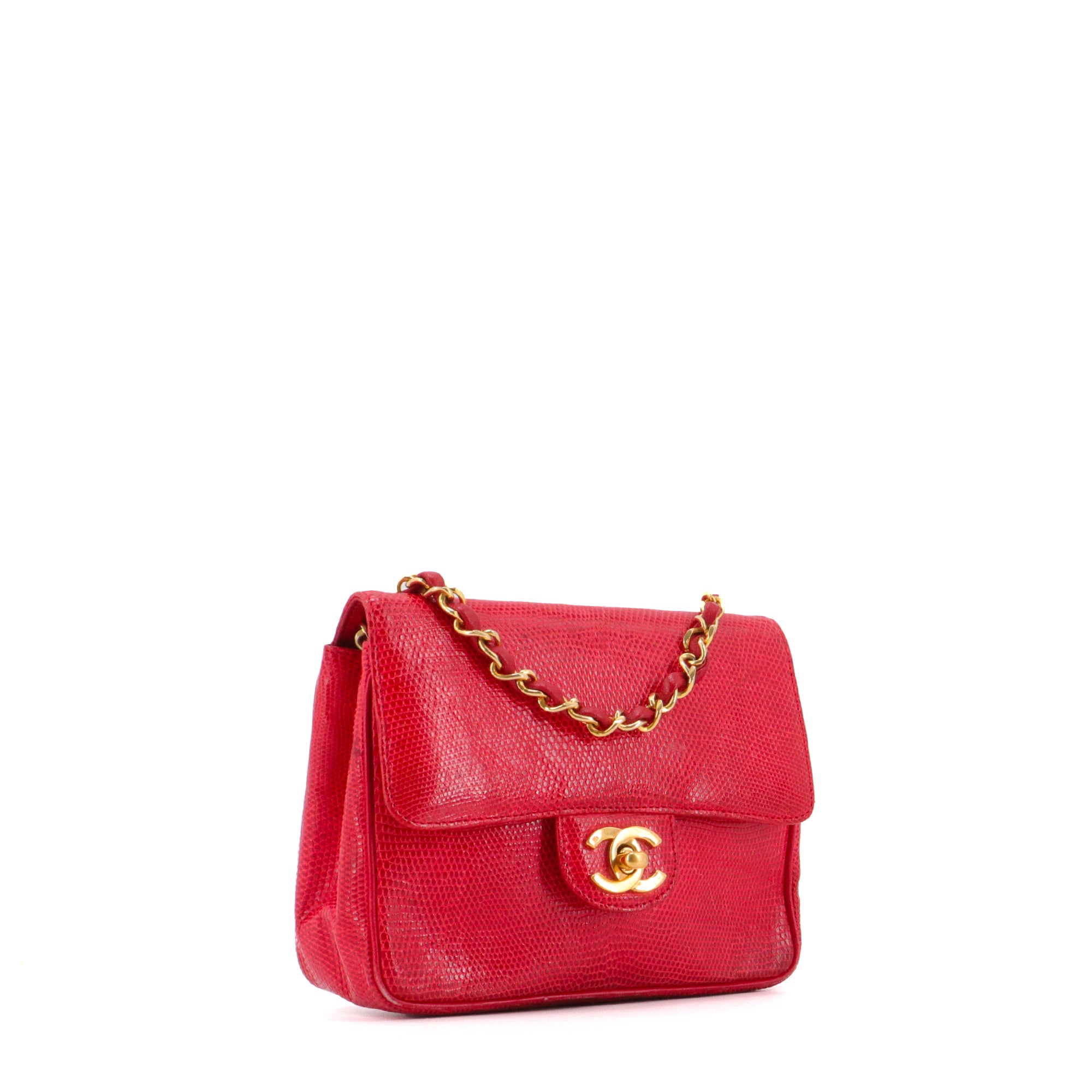 CHANEL - Sac à bandoulière Classique/Timeless Mini Square Chanel en lézard rouge vintage