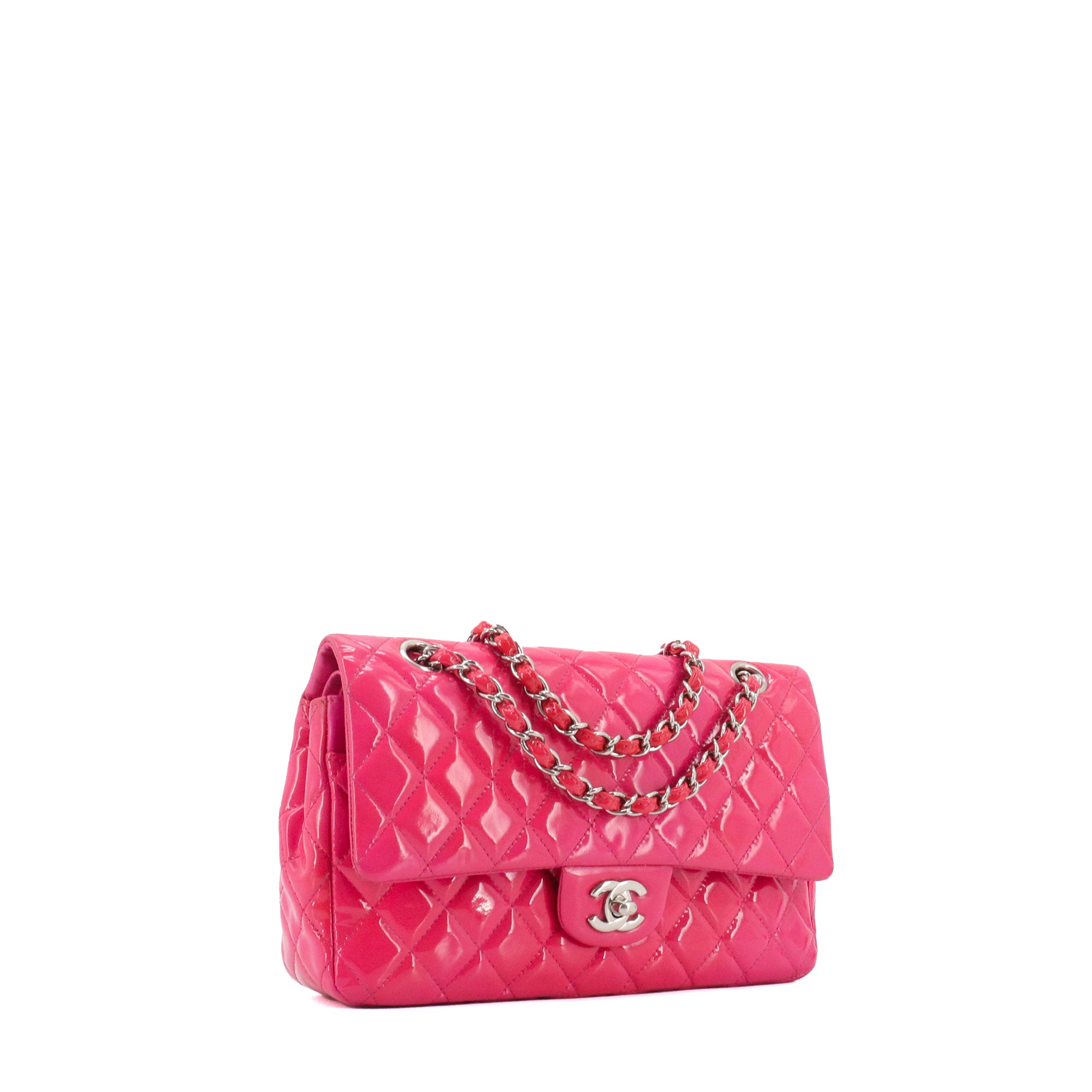 CHANEL - Sac à main Classique/Timeless Chanel medium double flap Chanel en cuir verni rose