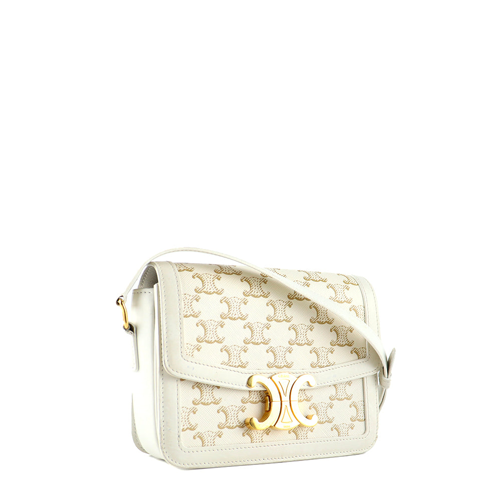 CELINE - Triomphe teen shoulder bag in white leather and monogram coated canvas