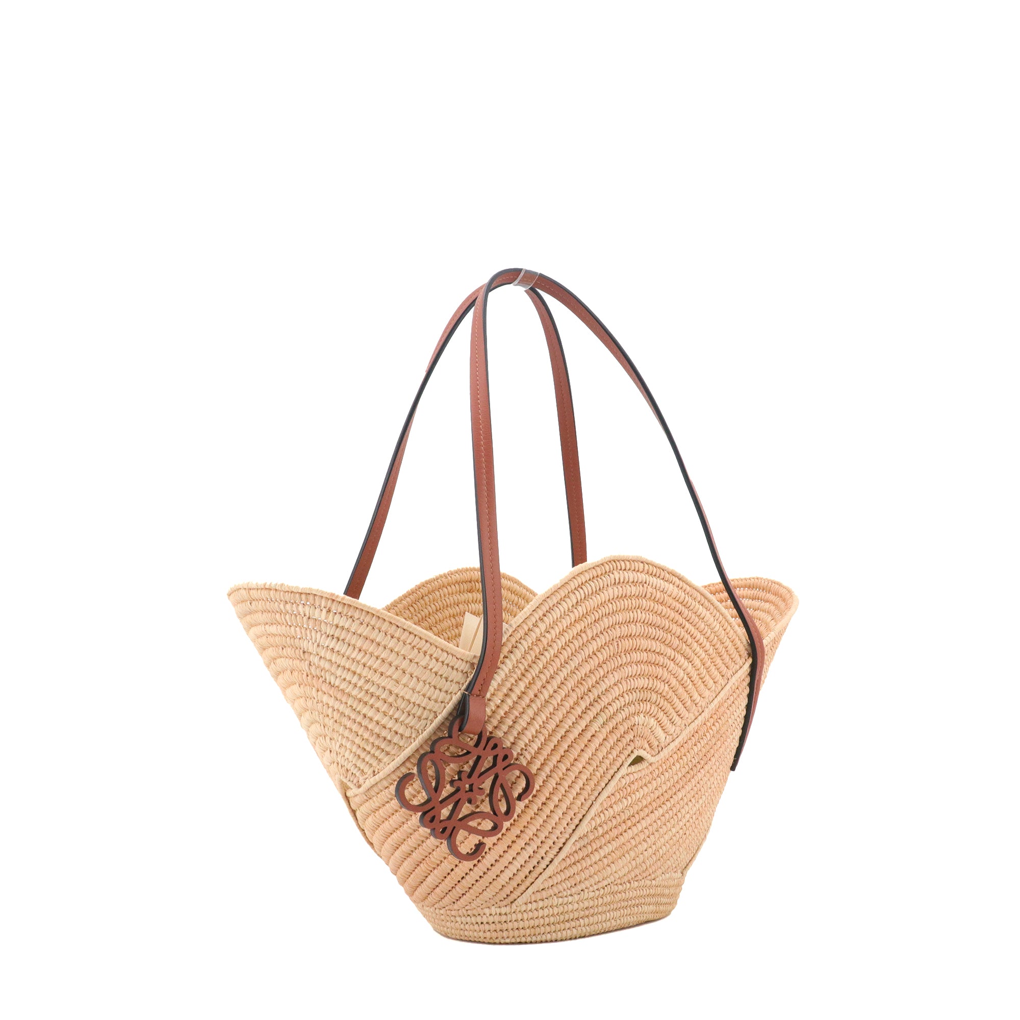 LOEWE - Panier à main Pétal Loewe en raphia et cuir marron