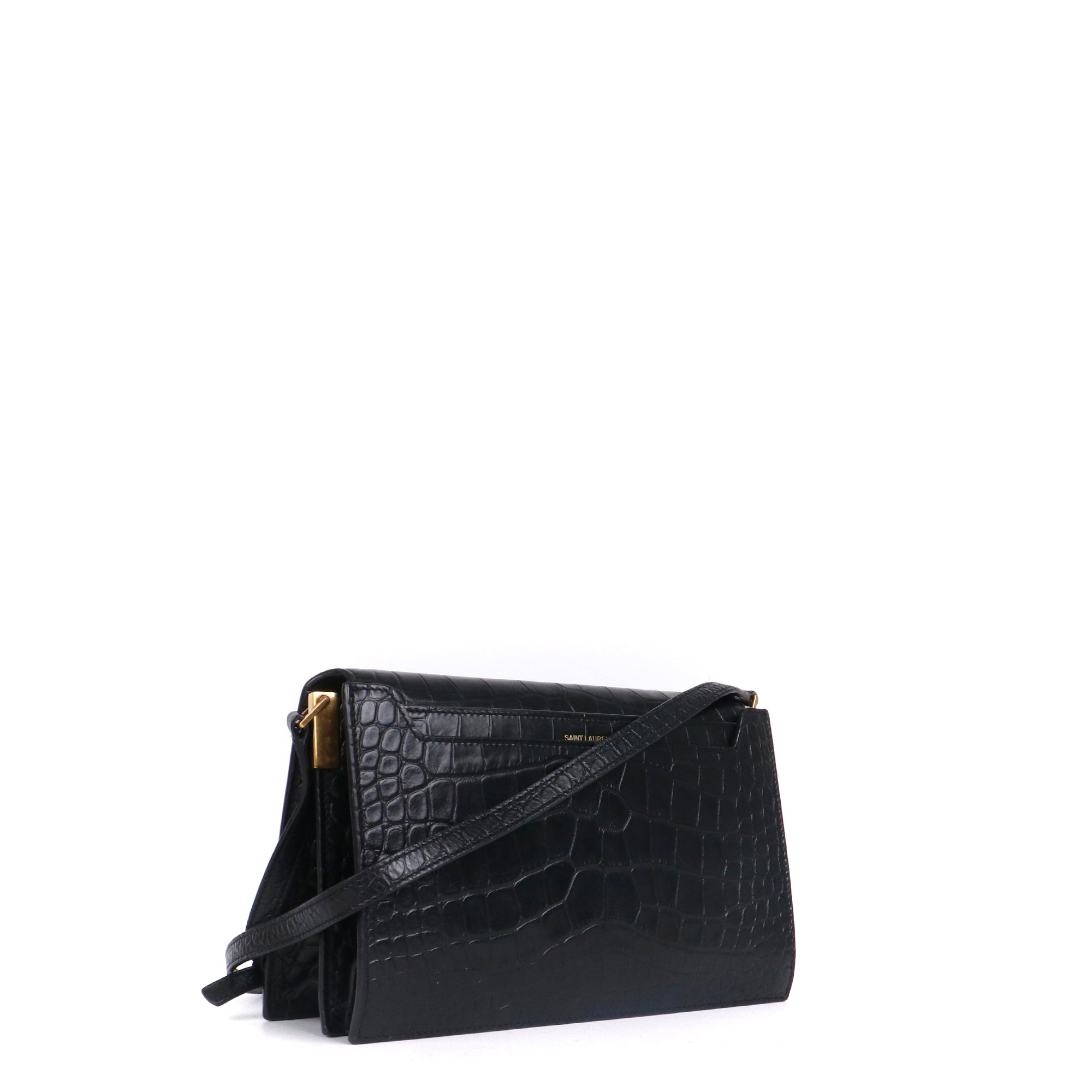 SAINT LAURENT - Sac à bandoulière Catherine Satchel Saint Laurent en cuir embossé croco noir