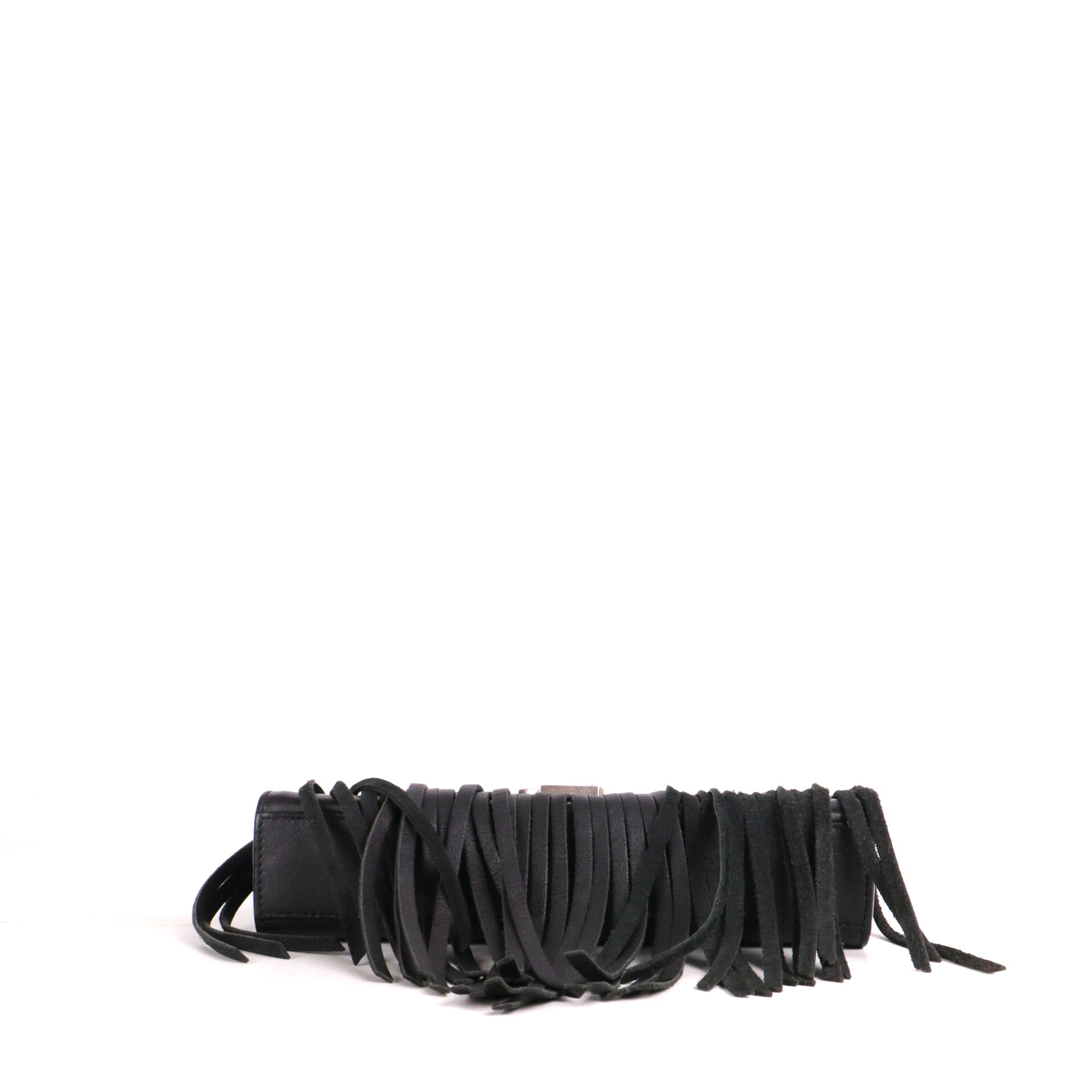 SAINT LAURENT - Sac à bandoulière Envelope Saint Laurent à franges en cuir noir