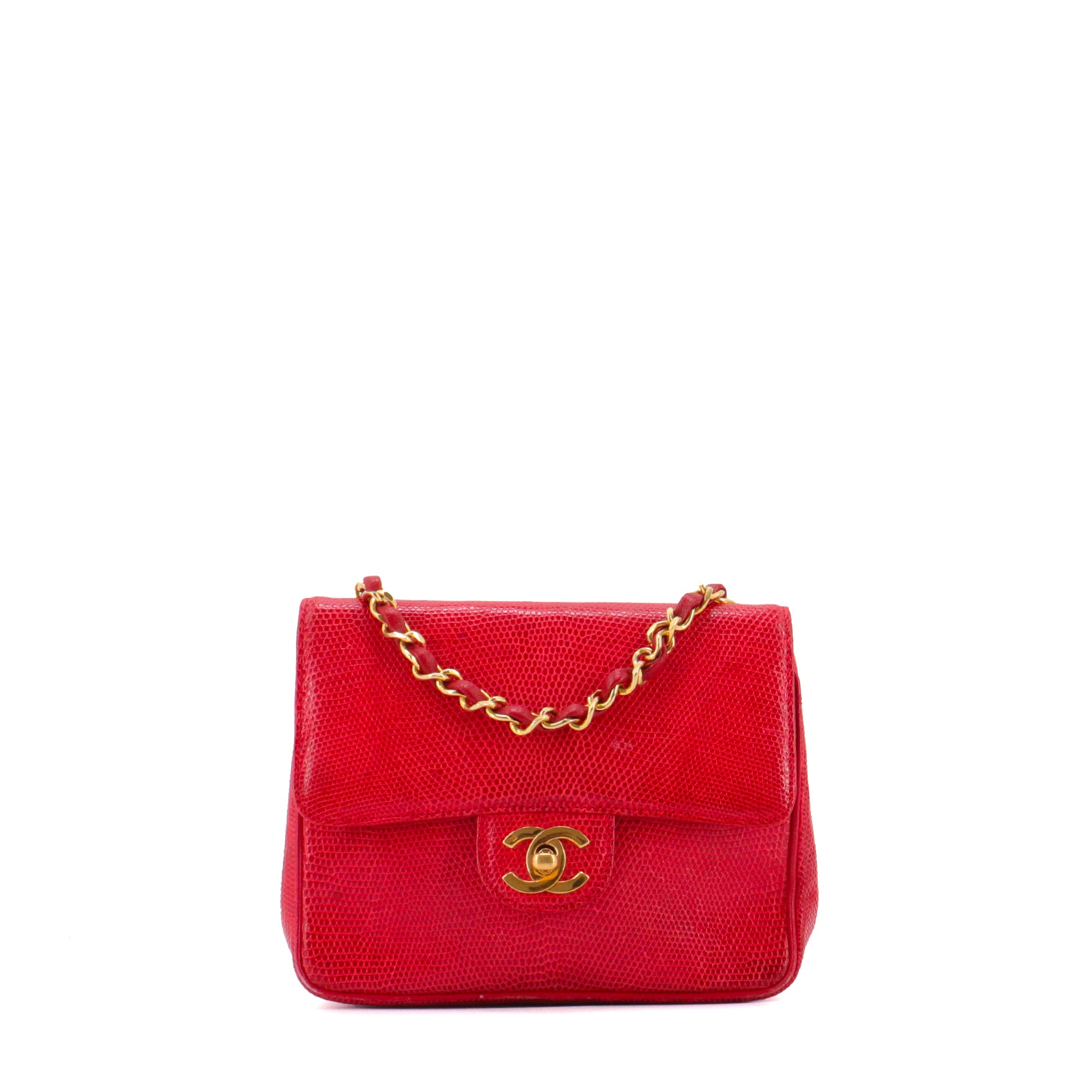 CHANEL - Sac à bandoulière Classique/Timeless Mini Square Chanel en lézard rouge vintage