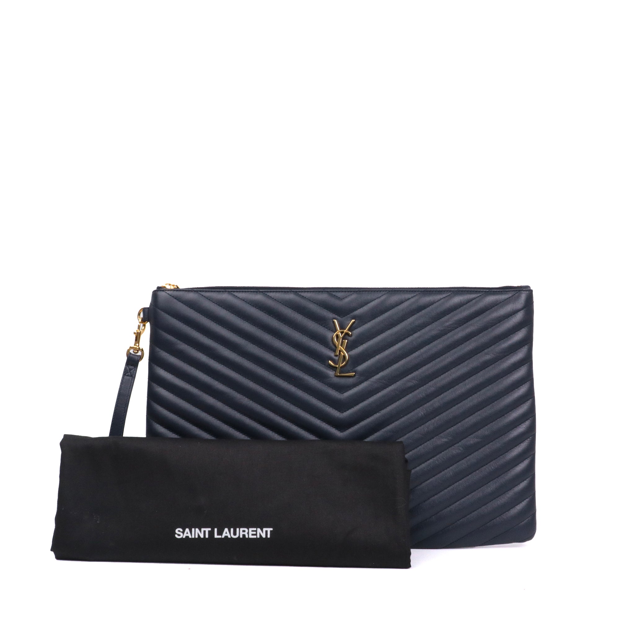 SAINT LAURENT - Pochette Cassandre Saint Laurent en cuir chevron bleu marine