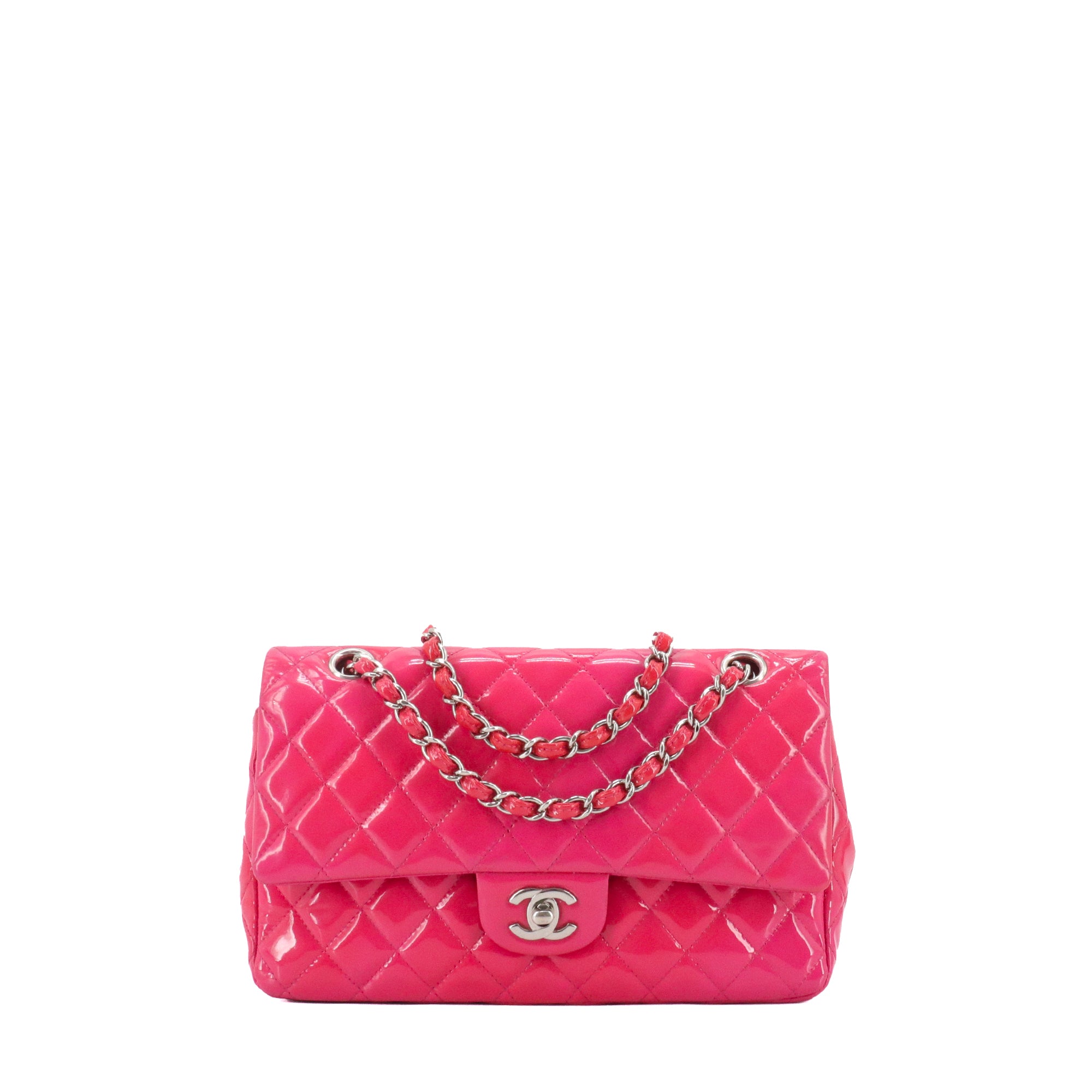 CHANEL - Sac à main Classique/Timeless Chanel medium double flap Chanel en cuir verni rose