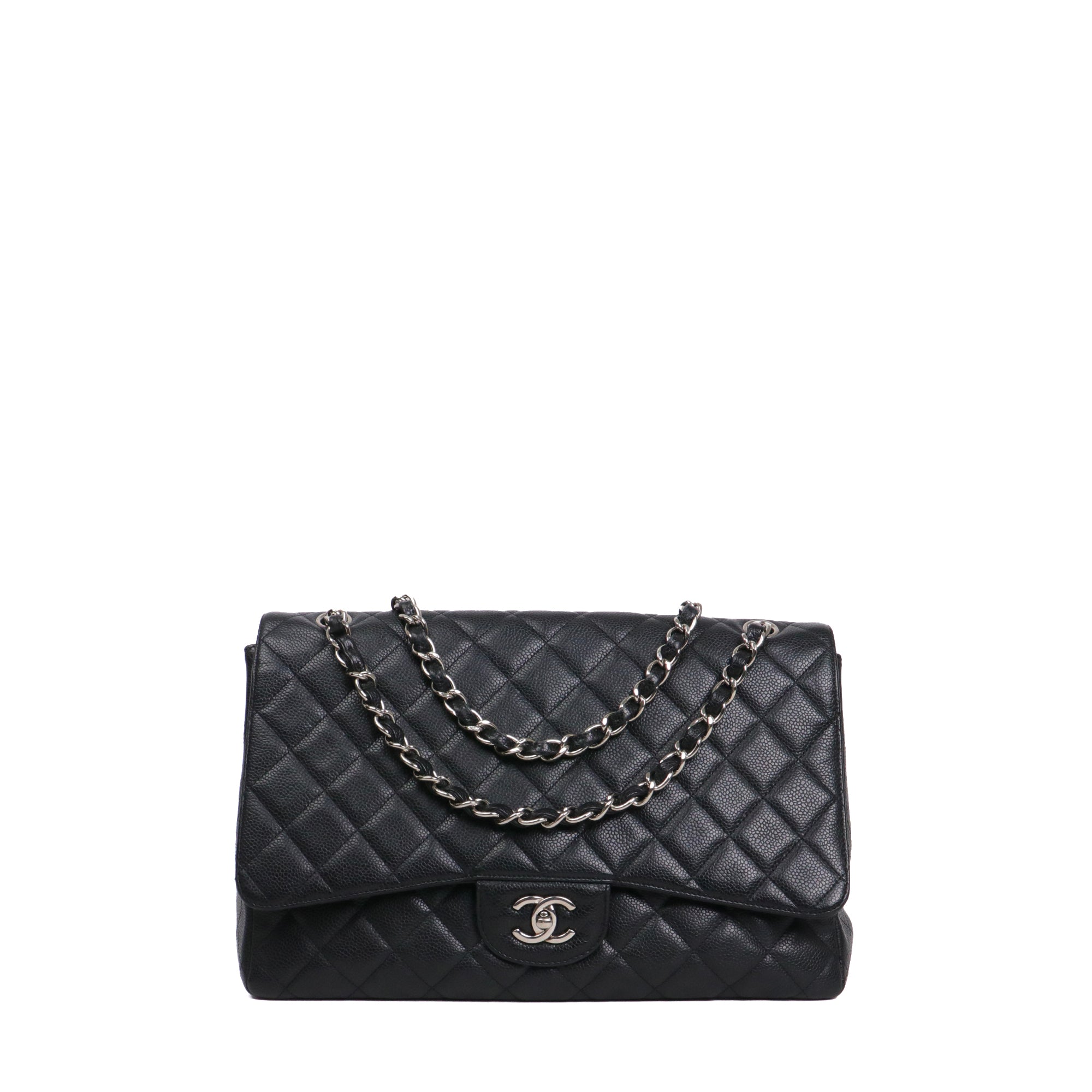 CHANEL - Sac à bandoulière Classique/Timeless Maxi Jumbo simple flap en cuir caviar noir
