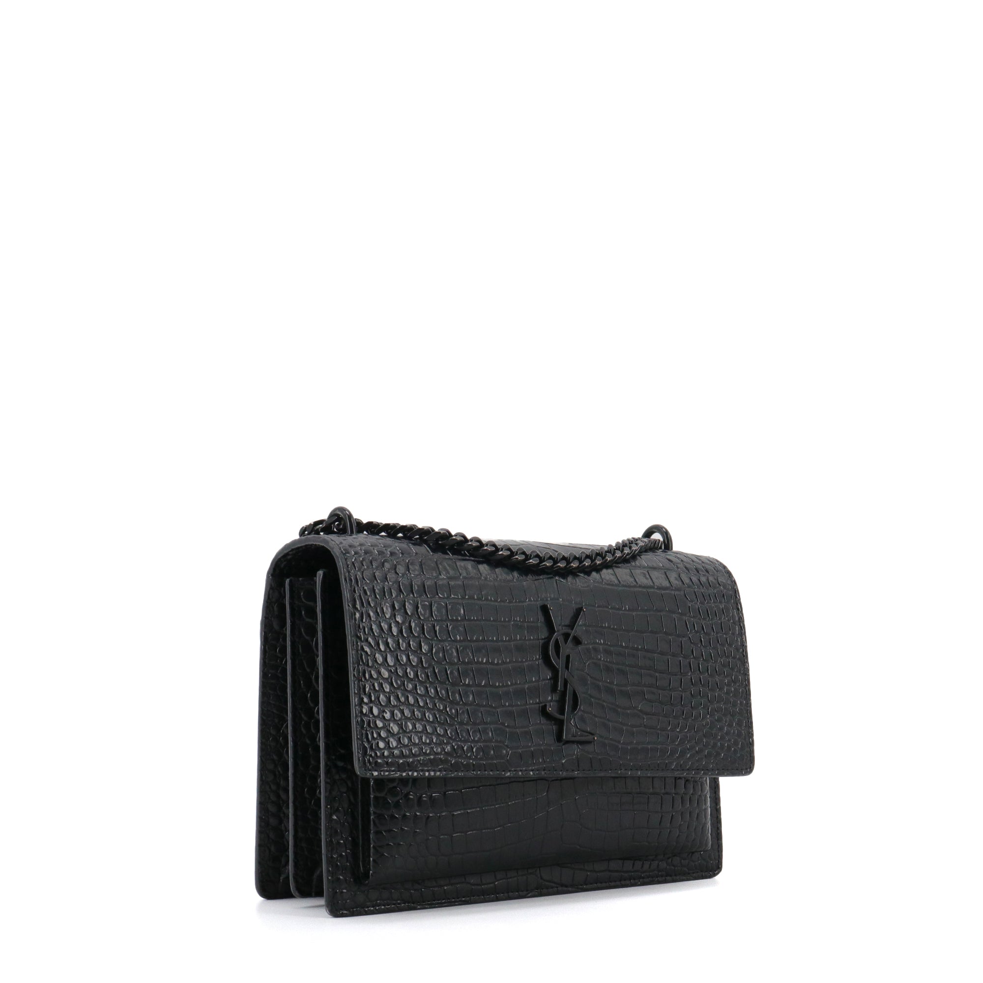 SAINT LAURENT - Sac à bandoulière Sunset medium full black Saint Laurent en cuir embossé croco