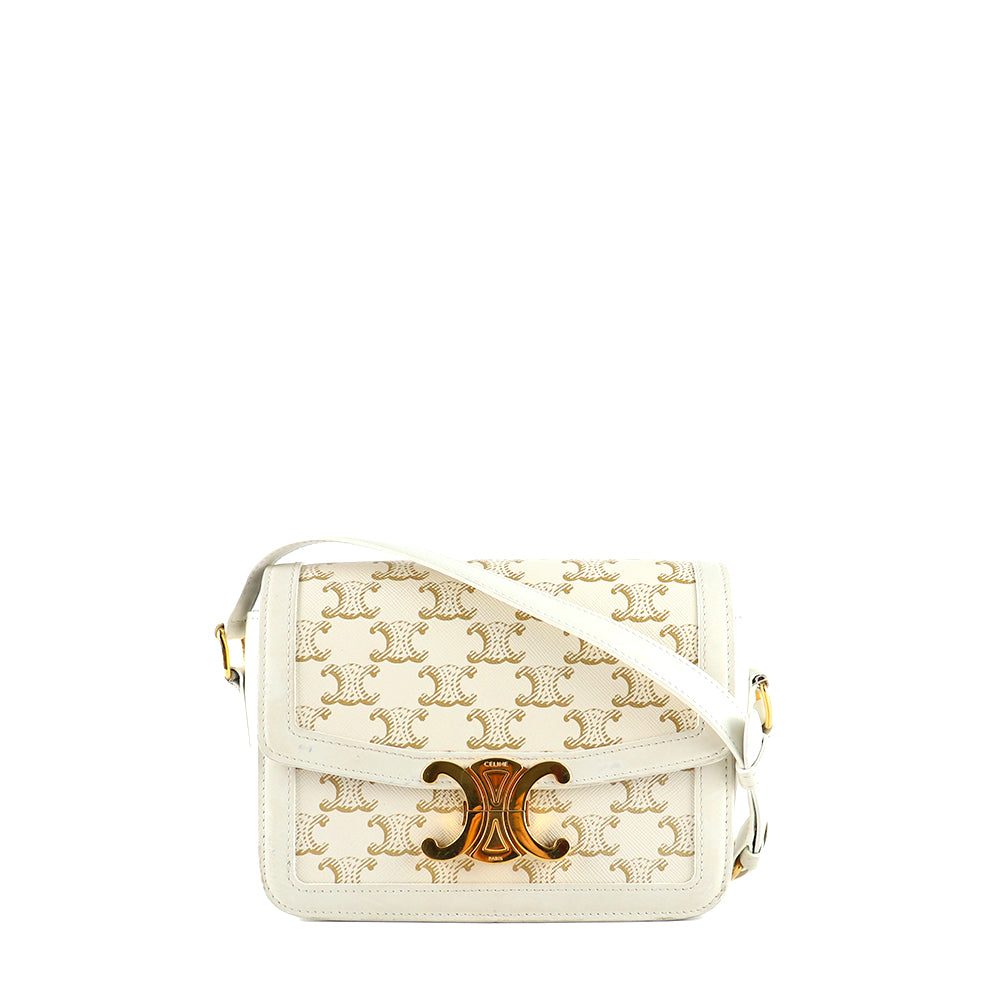 CELINE - Triomphe teen shoulder bag in white leather and monogram coated canvas