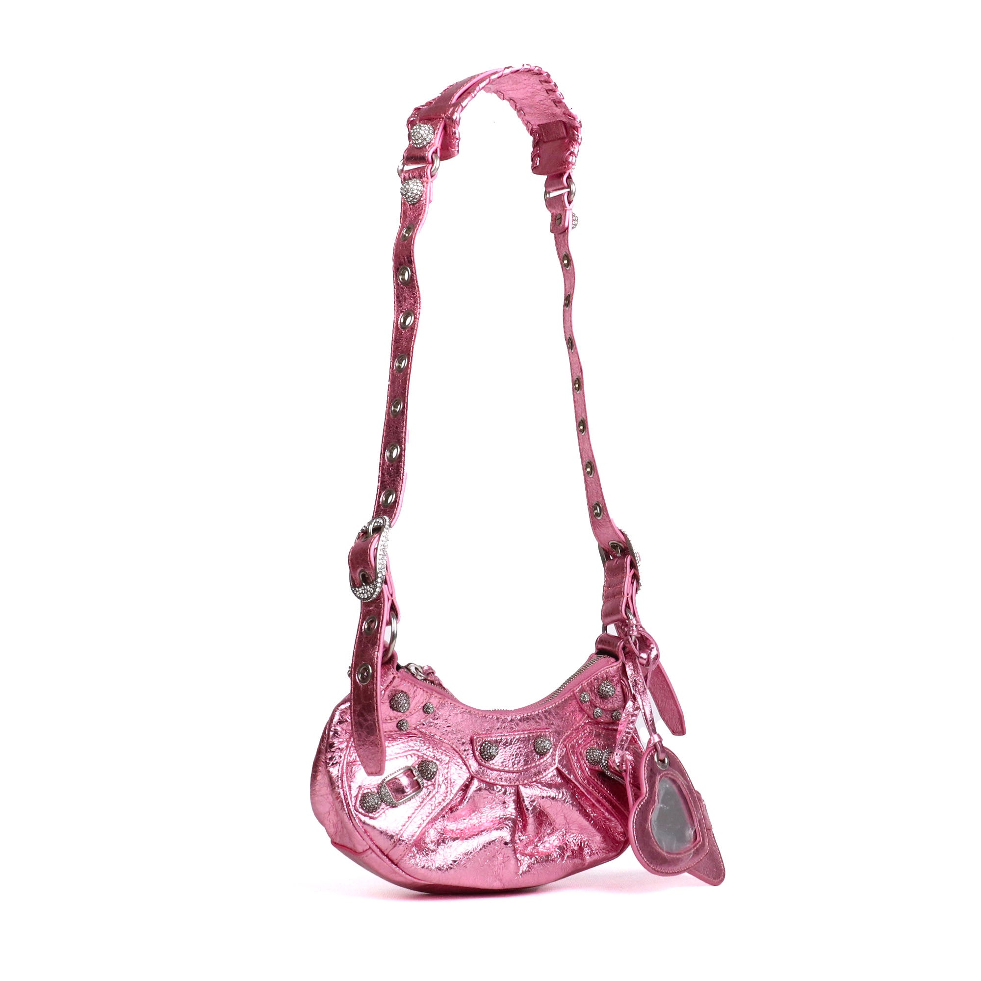 BALENCIAGA - Sac à bandoulière Cagole XS strass en cuir rose