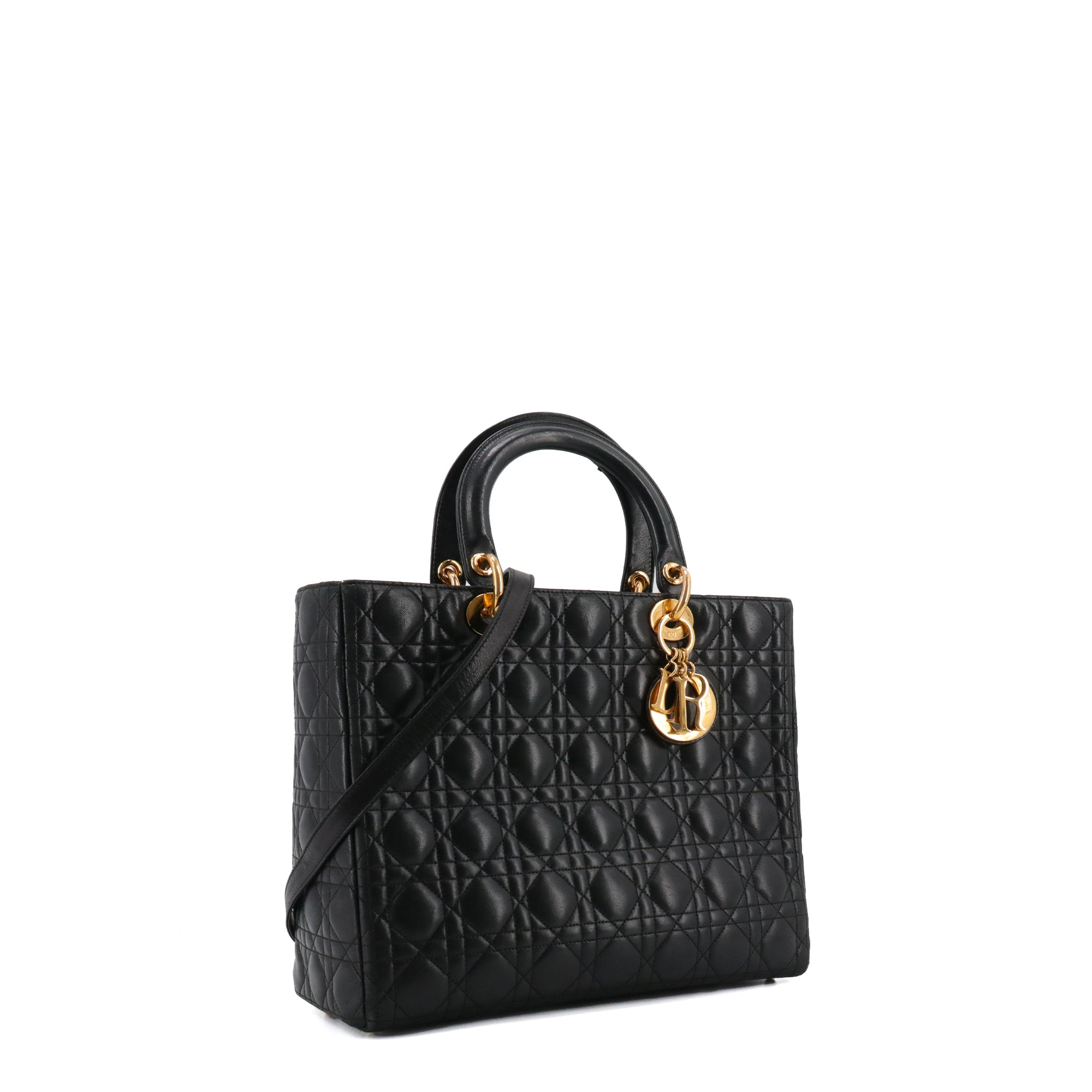 DIOR - Sac à main Lady Dior large en cuir cannage noir vintage