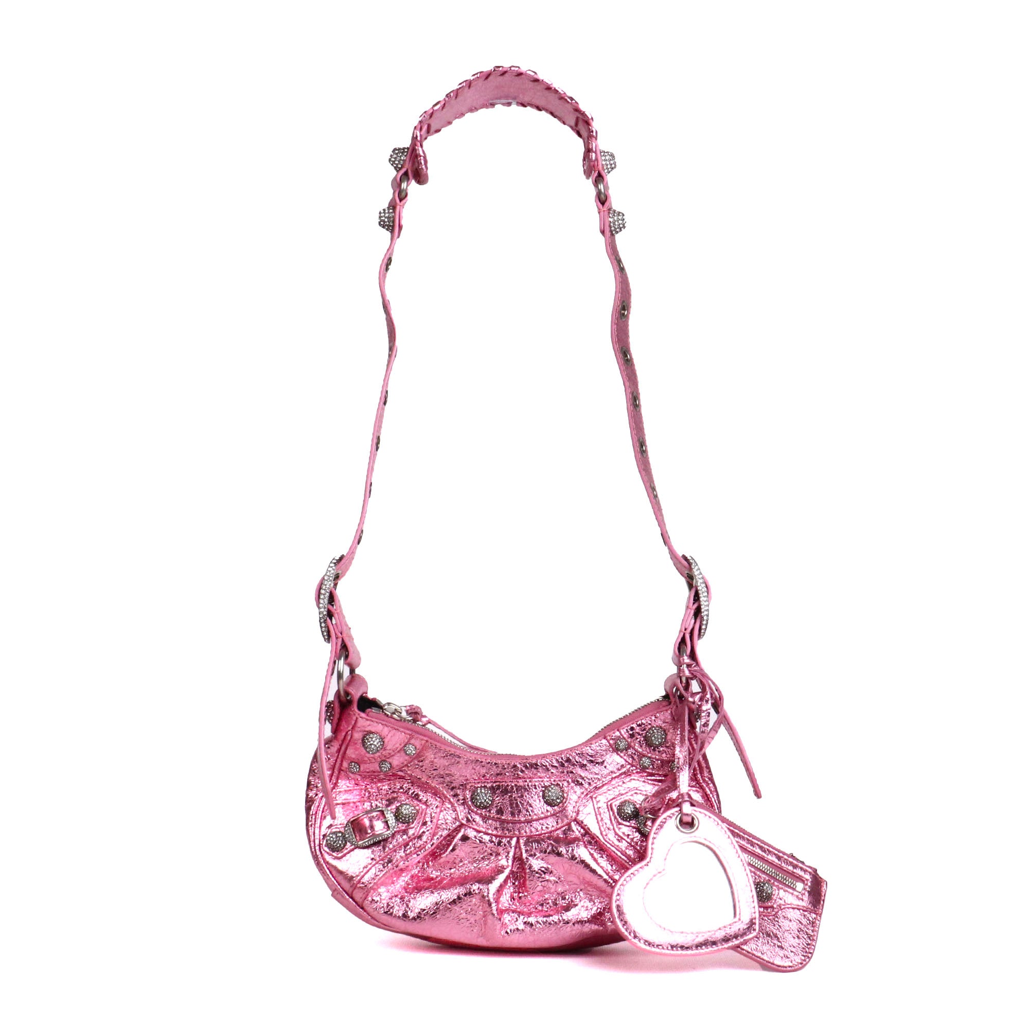 BALENCIAGA - Sac à bandoulière Cagole XS strass en cuir rose