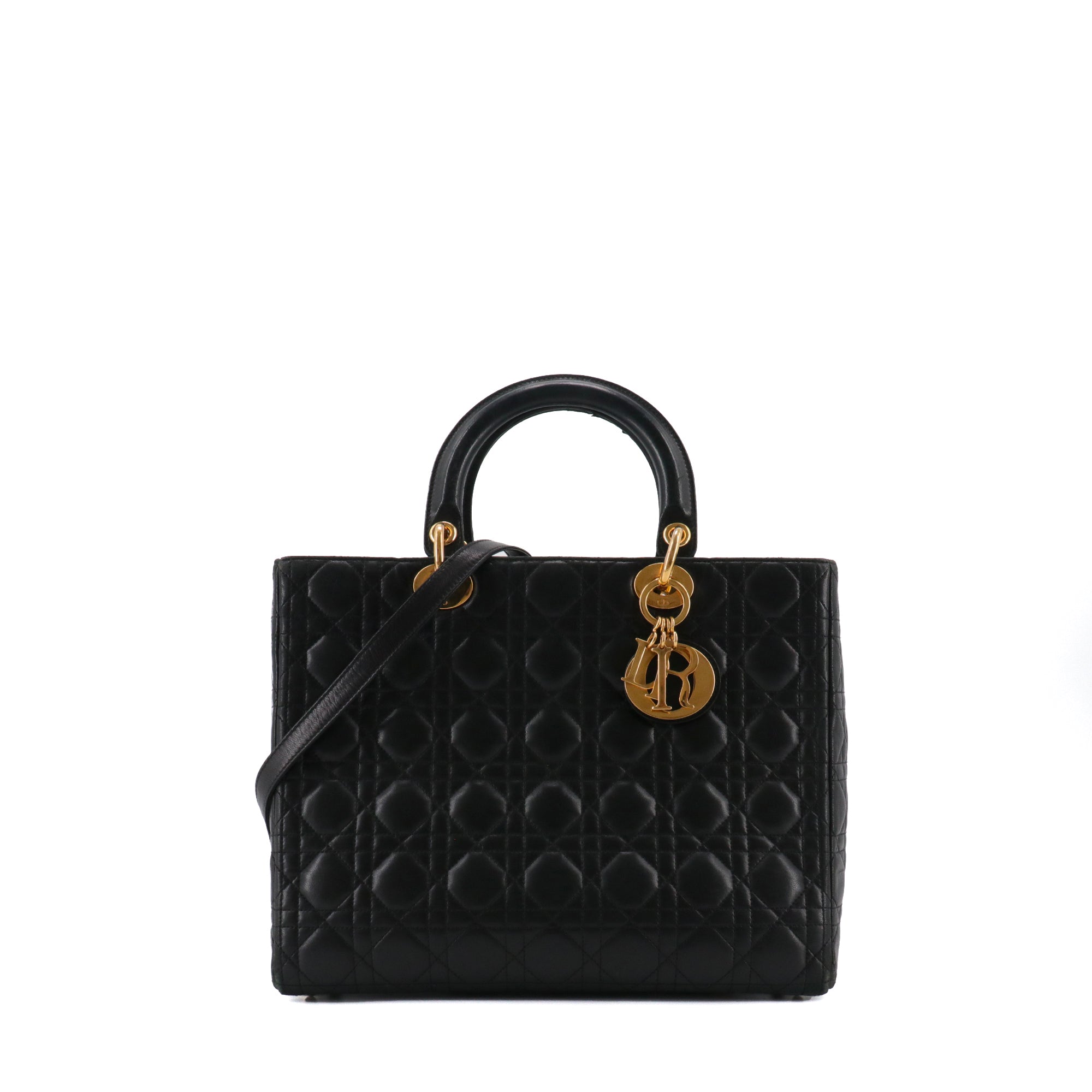 DIOR - Sac à main Lady Dior large en cuir cannage noir vintage