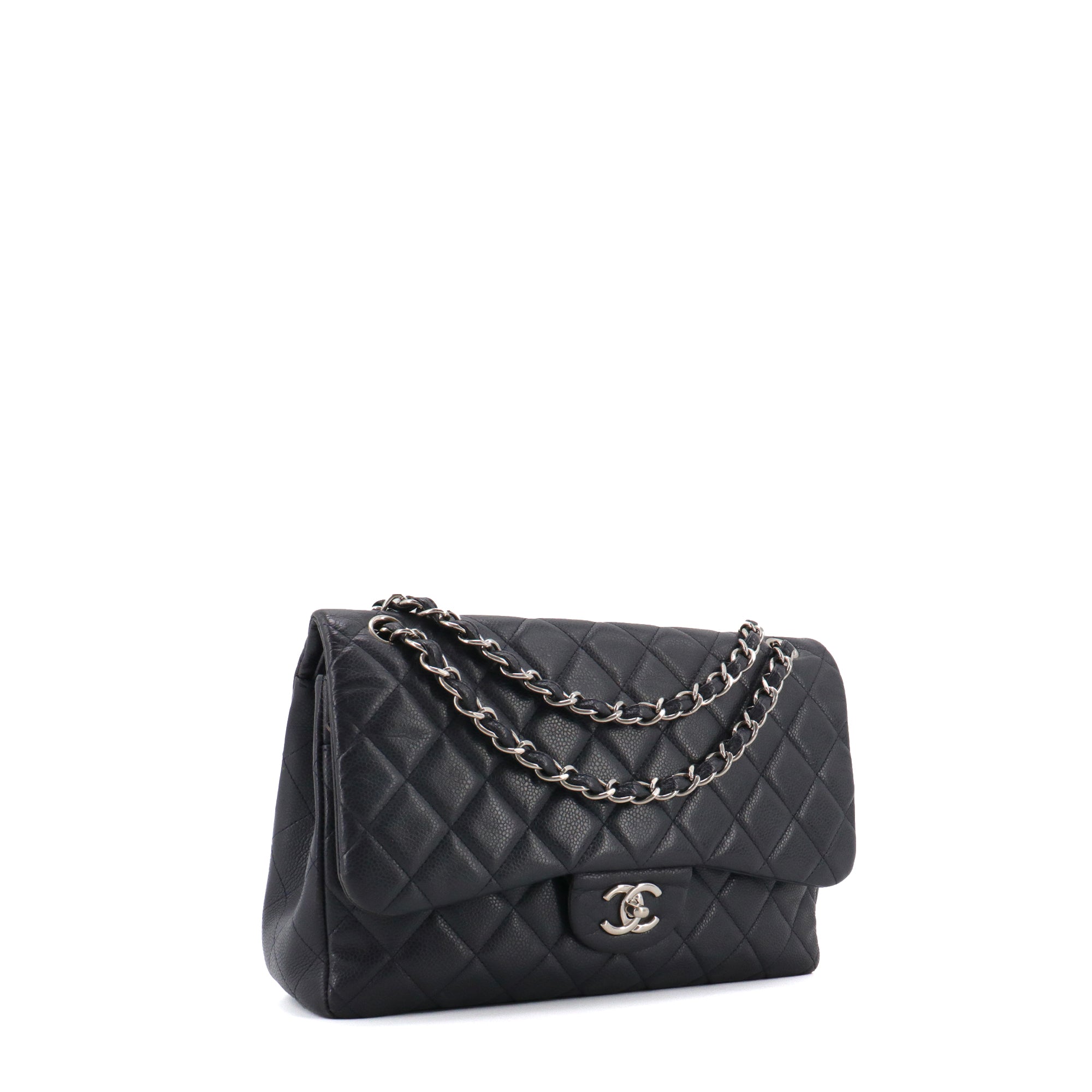 CHANEL - Sac à bandoulière Classique/Timeless Jumbo Chanel en cuir grainé bleu marine