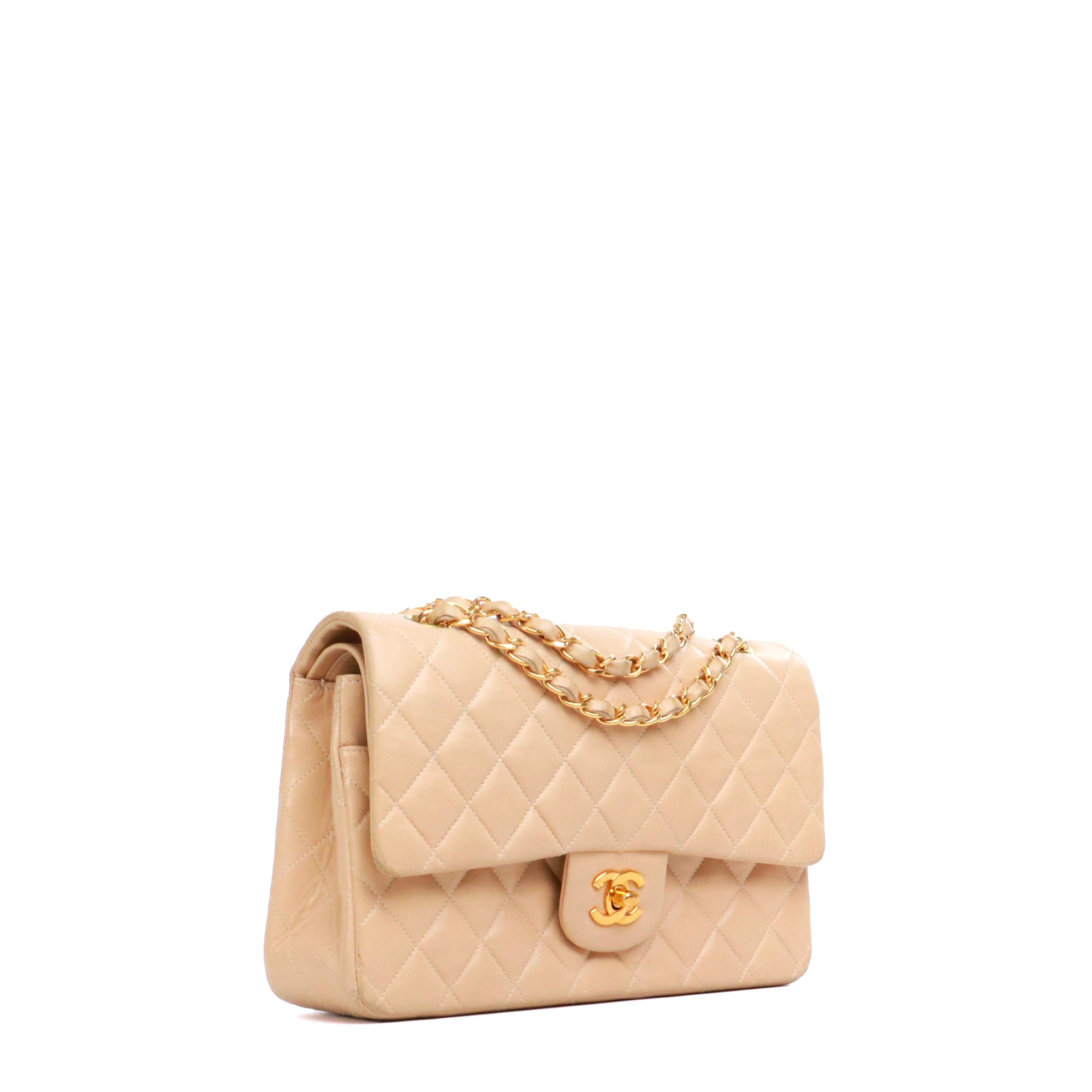 CHANEL - Sac à main Timeless 25 double flap Chanel en cuir matelassé beige vintage