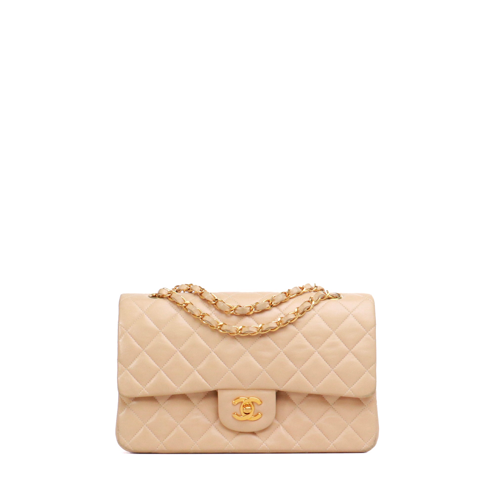 CHANEL - Sac à main Timeless 25 double flap Chanel en cuir matelassé beige vintage