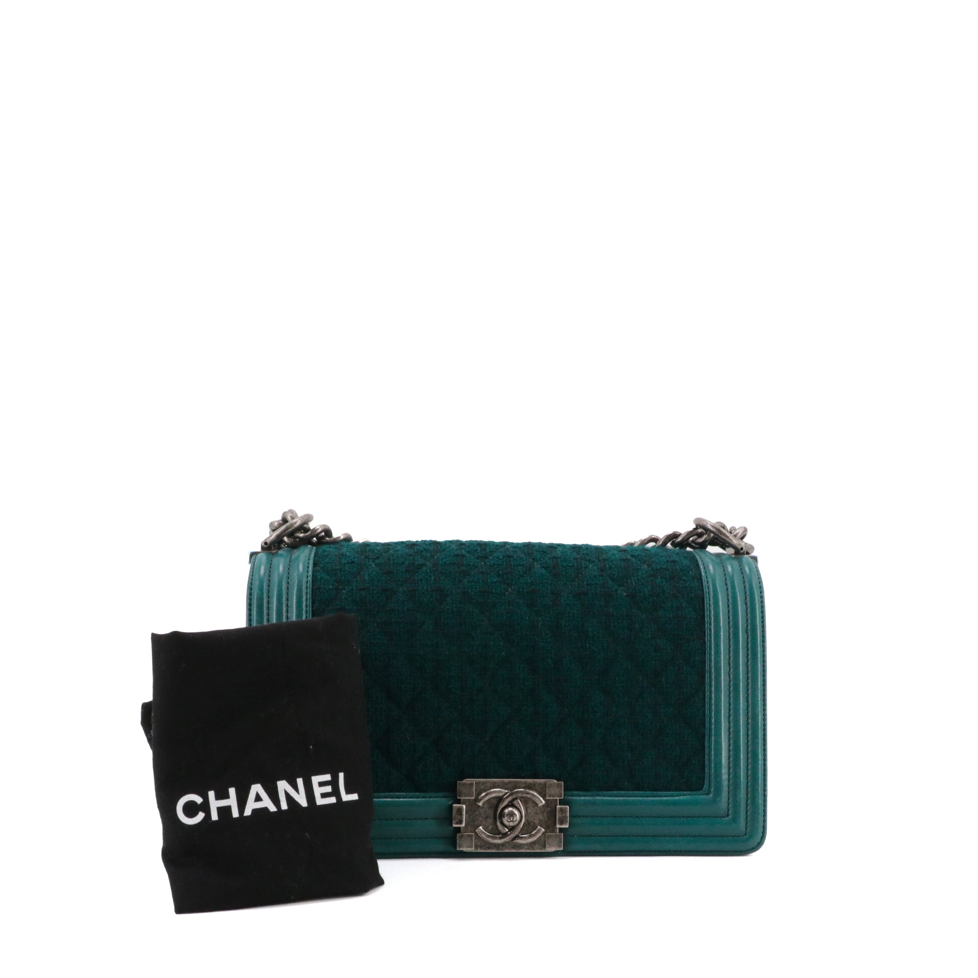 CHANEL - Sac à bandoulière Boy Chanel en tweed et cuir bleu canard
