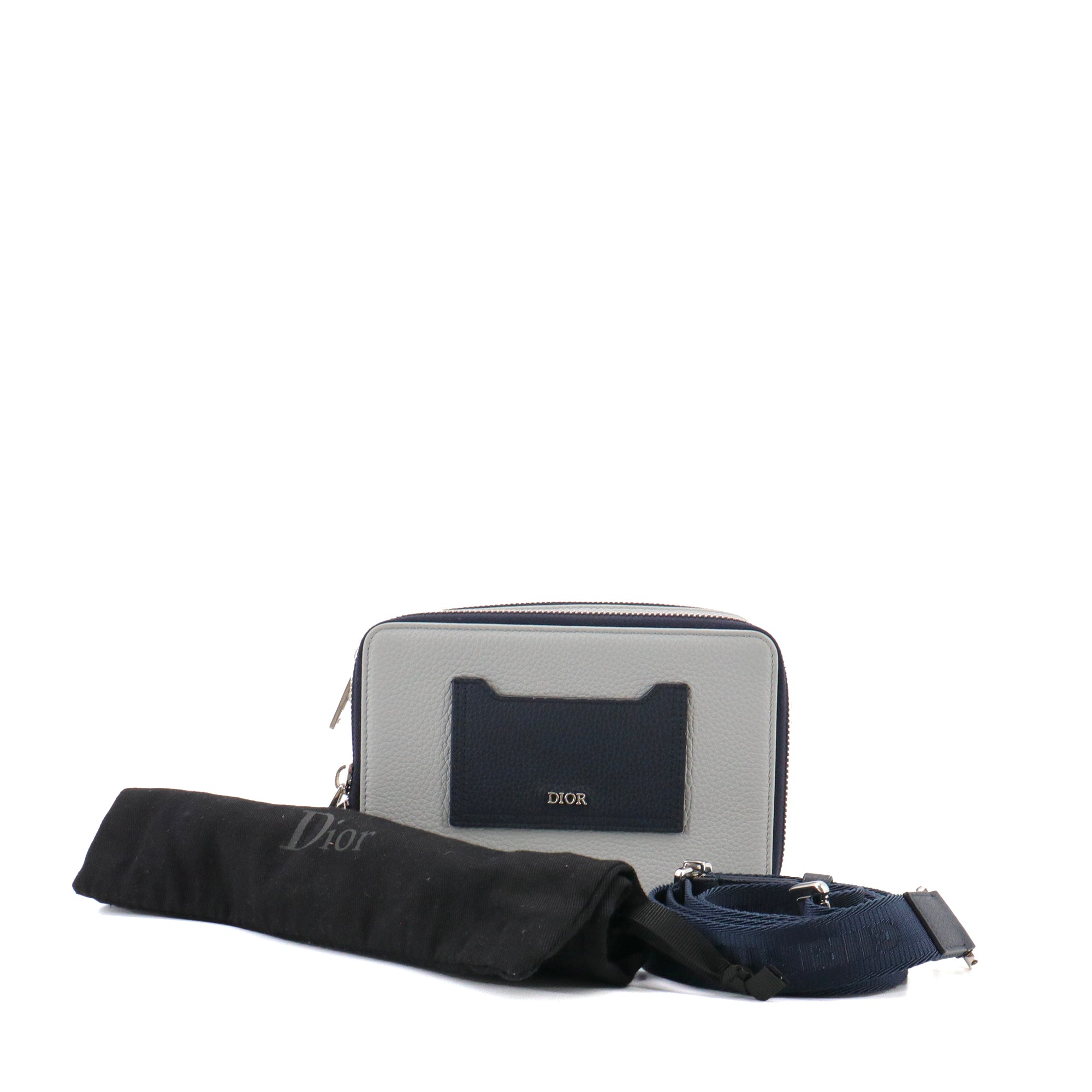 DIOR - Sac à bandoulière Dior en cuir grainé gris et bleu marine