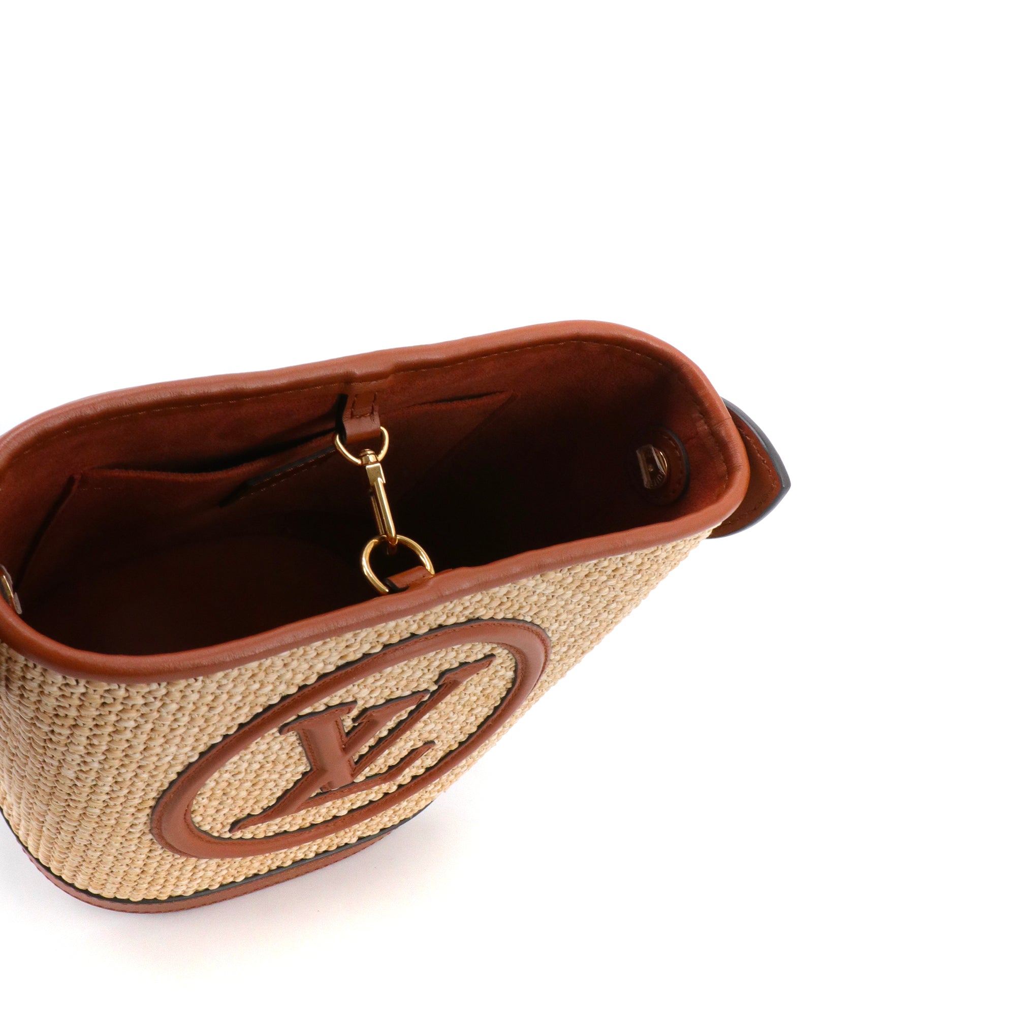 LOUIS VUITTON - Sac à bandoulière Petit Bucket Louis Vuitton en raphia tissé et cuir marron