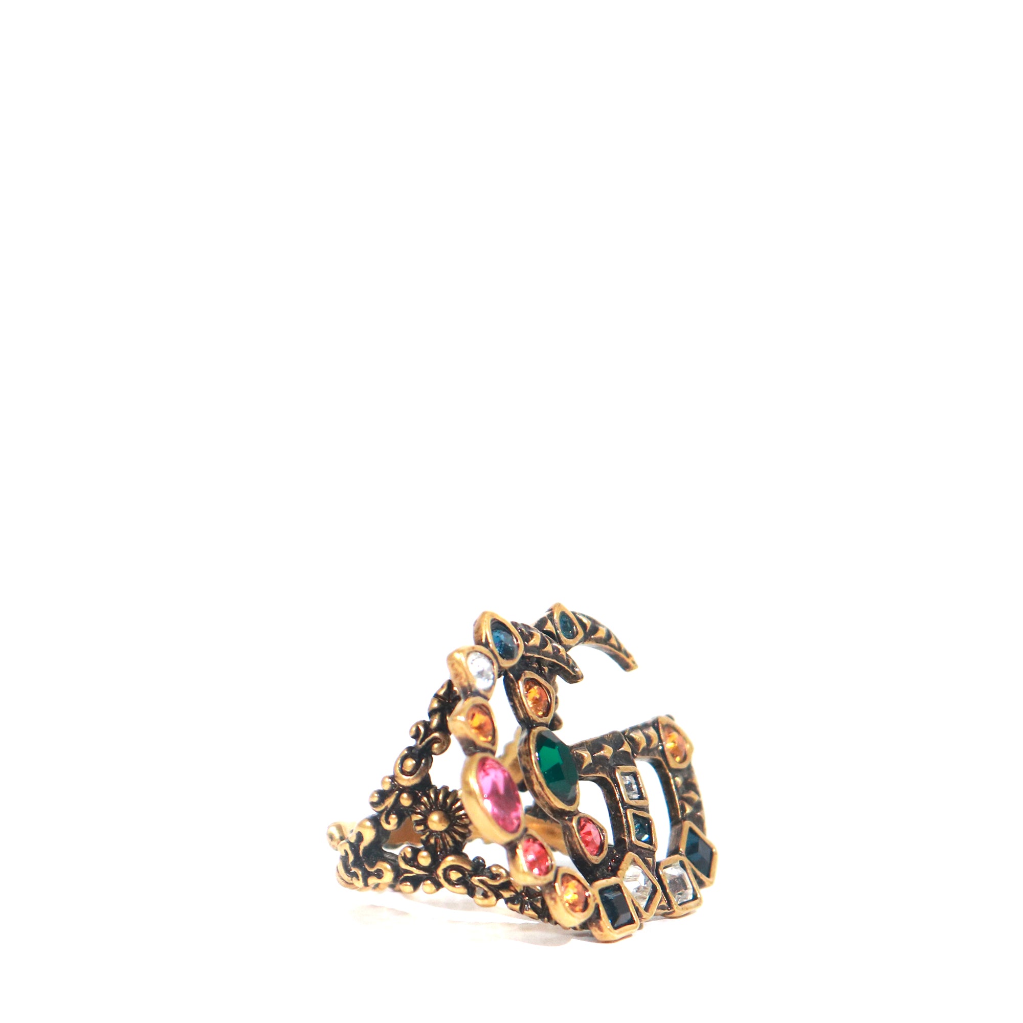 GUCCI - Bague GG en métal doré et cristaux colorés (M)