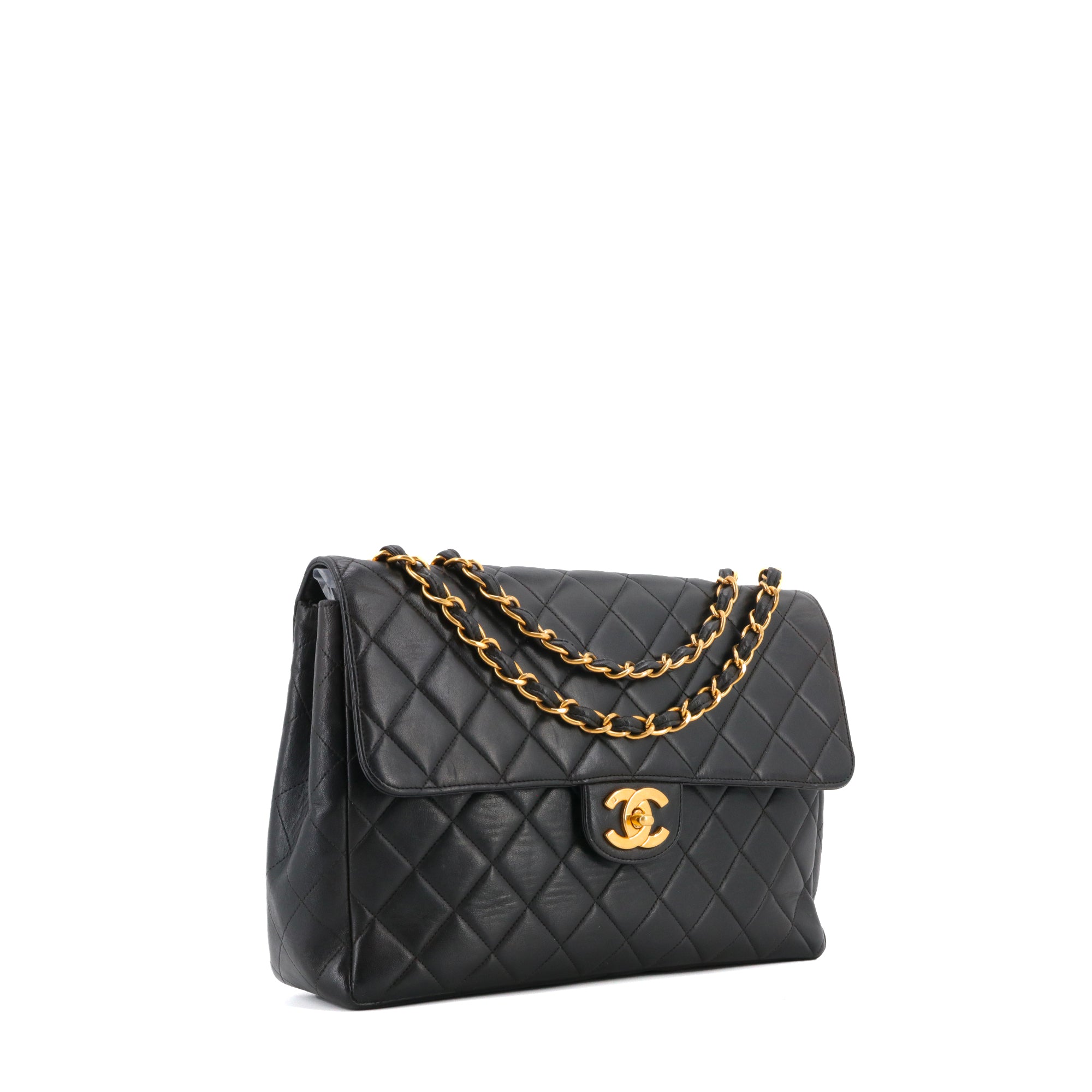 CHANEL - Sac à bandoulière Classique/Timeless Jumbo Chanel en cuir lisse noir vintage