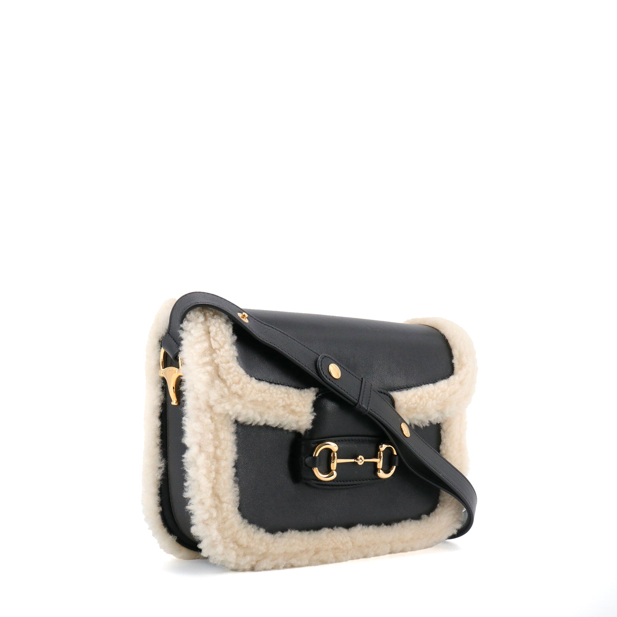 GUCCI - Sac à bandoulière Horsebit 1955 Gucci en cuir noir et fourrure