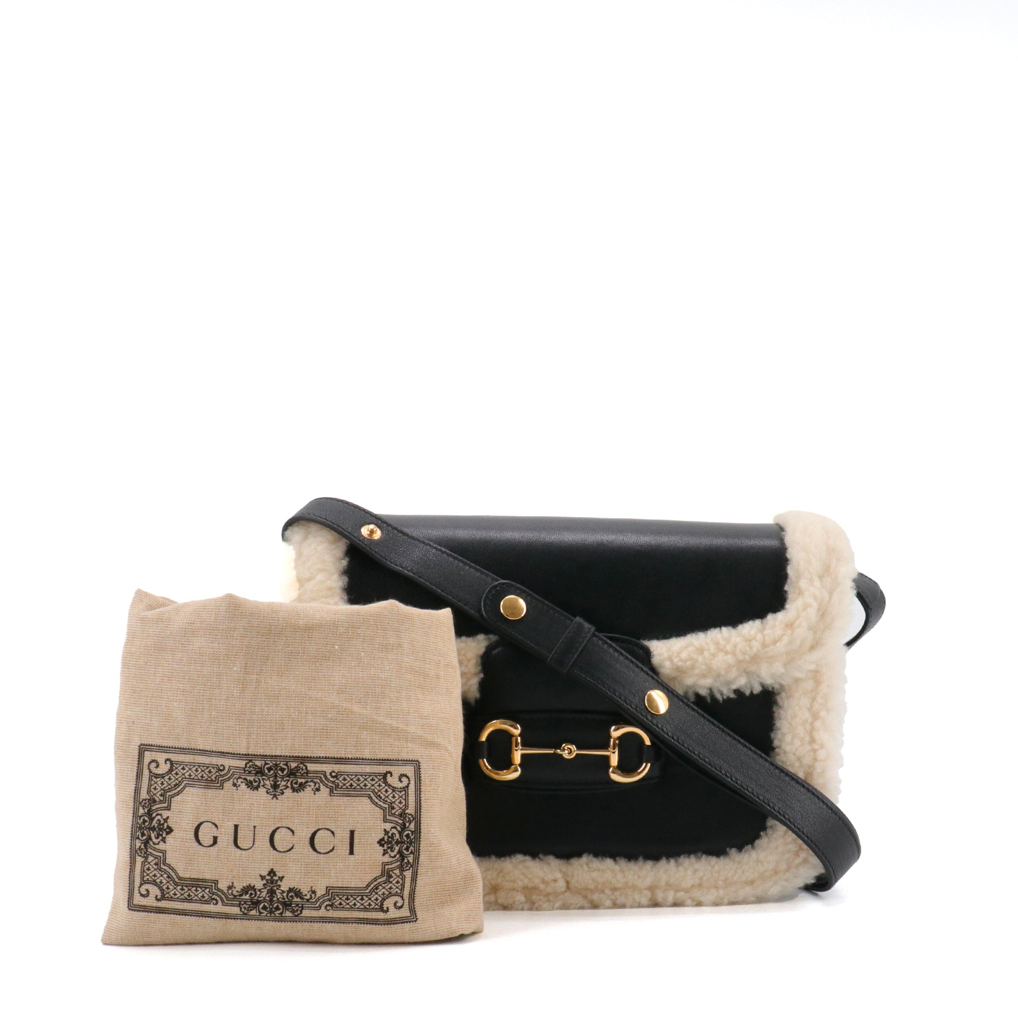 GUCCI - Sac à bandoulière Horsebit 1955 Gucci en cuir noir et fourrure