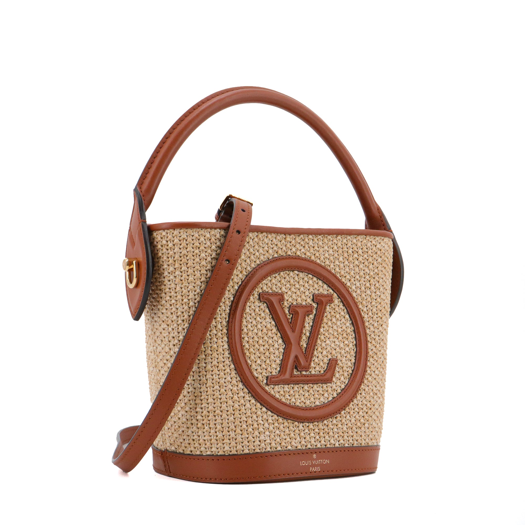 LOUIS VUITTON - Sac à bandoulière Petit Bucket Louis Vuitton en raphia tissé et cuir marron